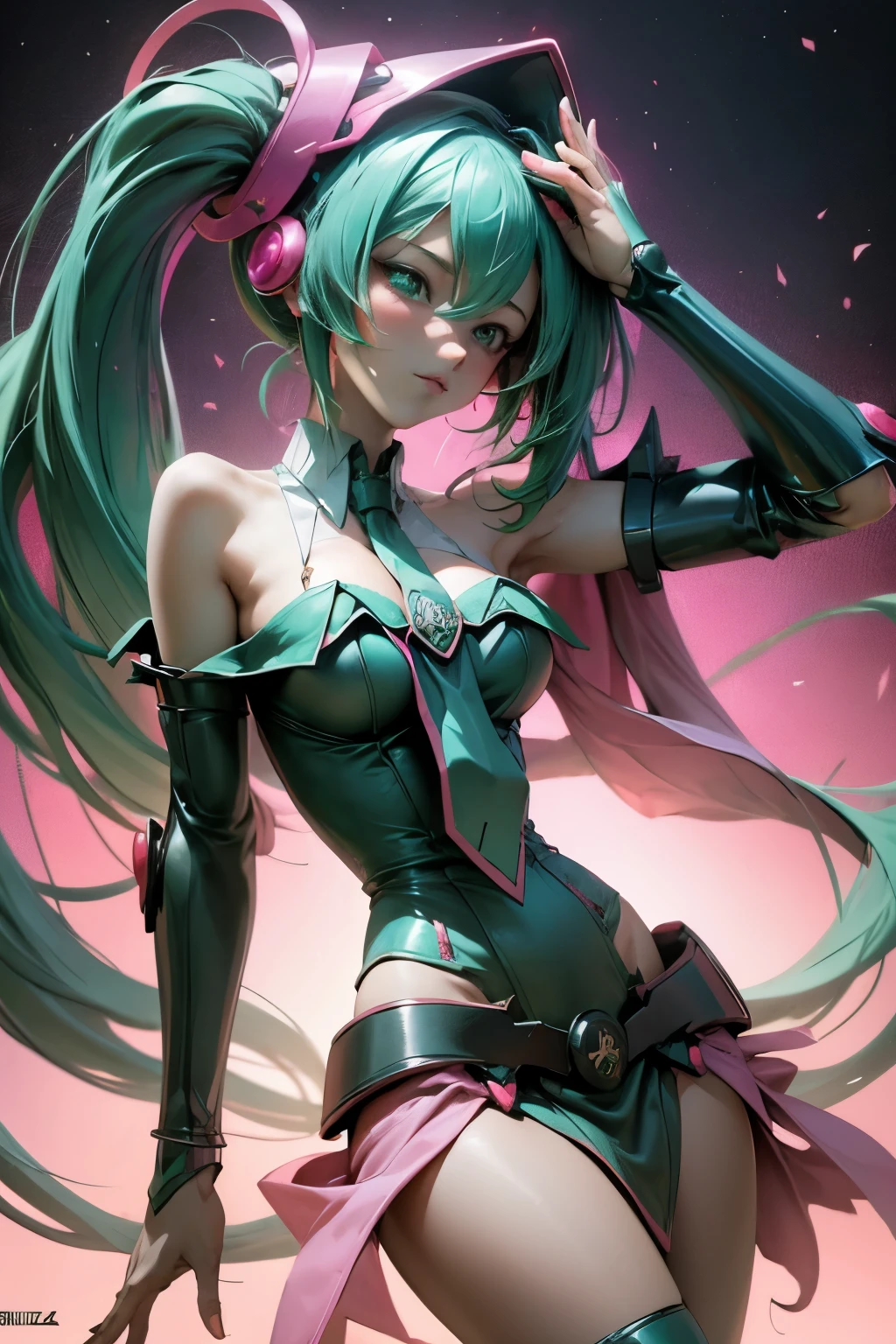 Hatsune Miku disfrazada de dark magician gils. Pose sexy y sensual. Grandes tetas. Disfraz de dark magician gils 