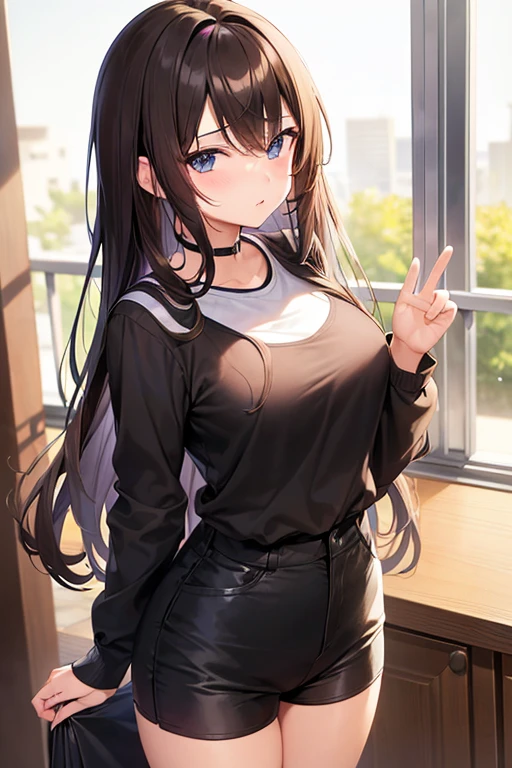 a 20 year old hot girl in school (long brown hair) (wearing black shorts and white shirt) (has an crush on you) (sexy pose)