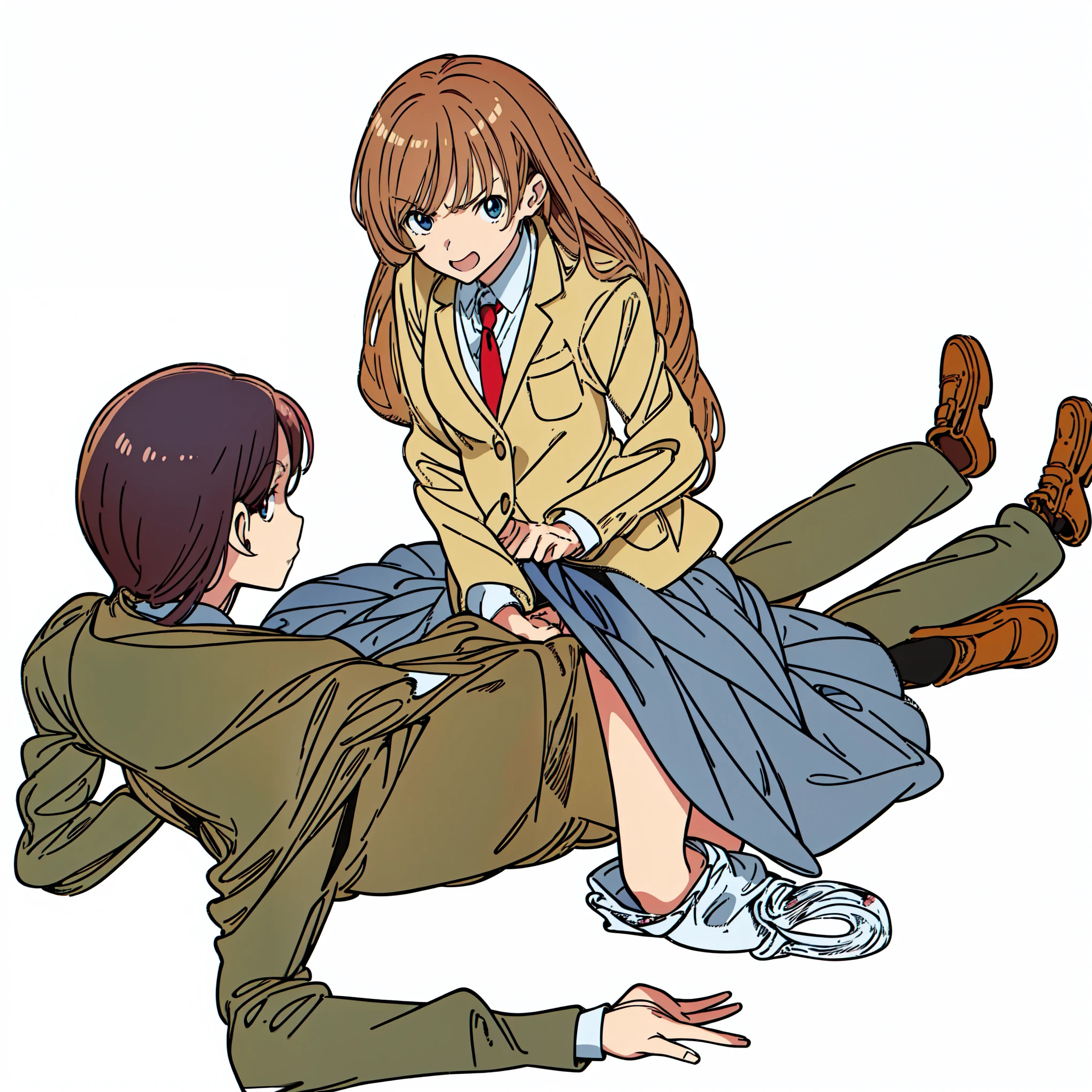 (best quality:2.0), (masterpiece:2.0), (super fine illustration:2.0), (beautiful artwork:2.0), (anime screencap:2.0), (official art:2.0), (white background:1.0), (best quality:2.0), (masterpiece:2.0), (super fine illustration:2.0), (beautiful artwork:2.0), (anime screencap:2.0), (official art:2.0), (pulled detailed cotton flower printed dirty panties:1.0), (a 20yo man:1.0), (a man wears business suit and puts on business shoese:1.0), (a man lies on one's back:1.0), (a girl is angry:1.25), (a girl is straddling on a man:1.0), (full body:1.0), (HSGα:1.0), (a 18yo cute girl:1.5), (long skirt:1.0), (dark blue skirt:1.0), (pleated skirt:1.0), (school uniform beige blazer:1.0), (red necktie:1.0), (loafers:1.0), (black socks:1.0), (ideal ratio body proportions:1.5), (lanky:1.5), (tall:1.5), (slender:1.5), (small breasts:1.5), (smaller face:1.5), (tareme:1.0), (detailed beautiful eyes:1.0), (detailed beautiful face:1.5), (glowing black eyes:1.0), (long hair:1.0), (brown hair:1.0), (looking at viewer:1.5)
