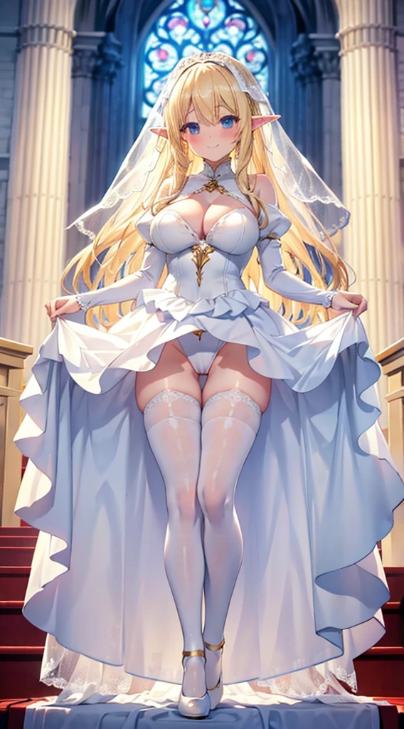 Blonde hair and blue eyes　Long Hair　Elf　Large Breasts　Wedding dress　leotard　mini skirt　White Stockings　White high heels　Thighs　church　erotic　Beauty　cute　blush　smile　Hands tied　Hanged