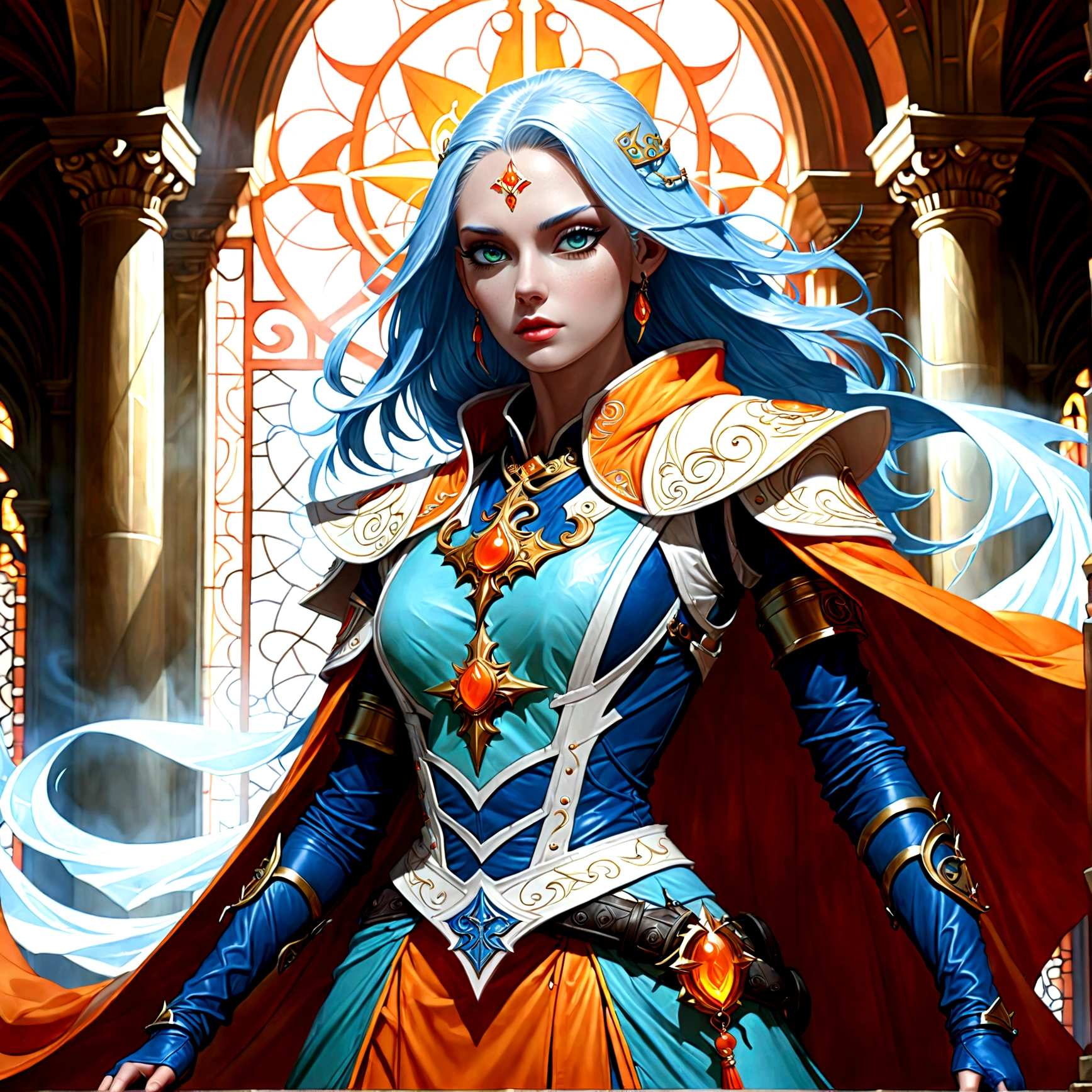 fantasy art, dnd art, RPG art, wide shot, (masterpiece: 1.4) a (portrait: 1.3) intense details, highly detailed, photorealistic, best quality, highres, portrait a female (fantasy art, Masterpiece, best quality: 1.3) ((blue skin: 1.5)), intense details facial details, exquisite beauty, (fantasy art, Masterpiece, best quality) cleric, (blue skinned: 1.3) female, white hair, long hair, (no ears: 1.5), (green eyes: 1.3), armed with a fiery sword red fire, wearing (priestly combat vestments: 1.5), wearing high heeled laced boots, wearing an (orange cloak:1.3), wearing glowing holy symbol GlowingRunes_yellow, within fantasy temple background, reflection light, high details, best quality, 16k, [ultra detailed], masterpiece, best quality, (extremely detailed), close up, ultra wide shot, photorealistic, RAW, fantasy art, dnd art, fantasy art, realistic art,((best quality)), ((masterpiece)), (detailed), perfect face, Cinematic Hollywood Film style