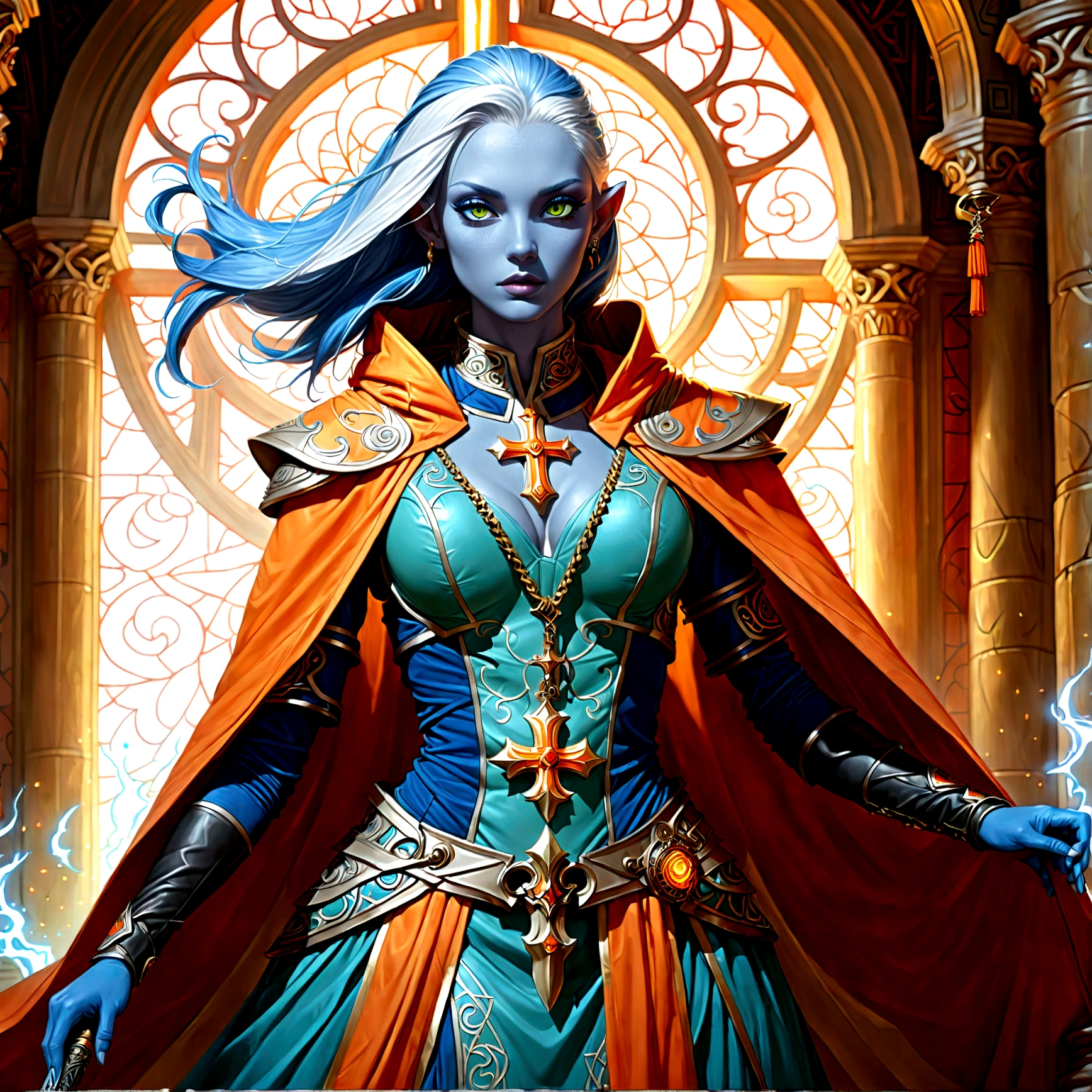 fantasy art, dnd art, RPG art, wide shot, (masterpiece: 1.4) a (portrait: 1.3) intense details, highly detailed, photorealistic, best quality, highres, portrait a female (fantasy art, Masterpiece, best quality: 1.3) ((blue skin: 1.5)), intense details facial details, exquisite beauty, (fantasy art, Masterpiece, best quality) cleric, (blue skinned: 1.3) female, white hair, long hair, (no ears: 1.5), (green eyes: 1.3), armed with a fiery sword red fire, wearing (priestly combat vestments: 1.5), wearing high heeled laced boots, wearing an (orange cloak:1.3), wearing glowing holy symbol GlowingRunes_yellow, within fantasy temple background, reflection light, high details, best quality, 16k, [ultra detailed], masterpiece, best quality, (extremely detailed), close up, ultra wide shot, photorealistic, RAW, fantasy art, dnd art, fantasy art, realistic art,((best quality)), ((masterpiece)), (detailed), perfect face, Cinematic Hollywood Film style