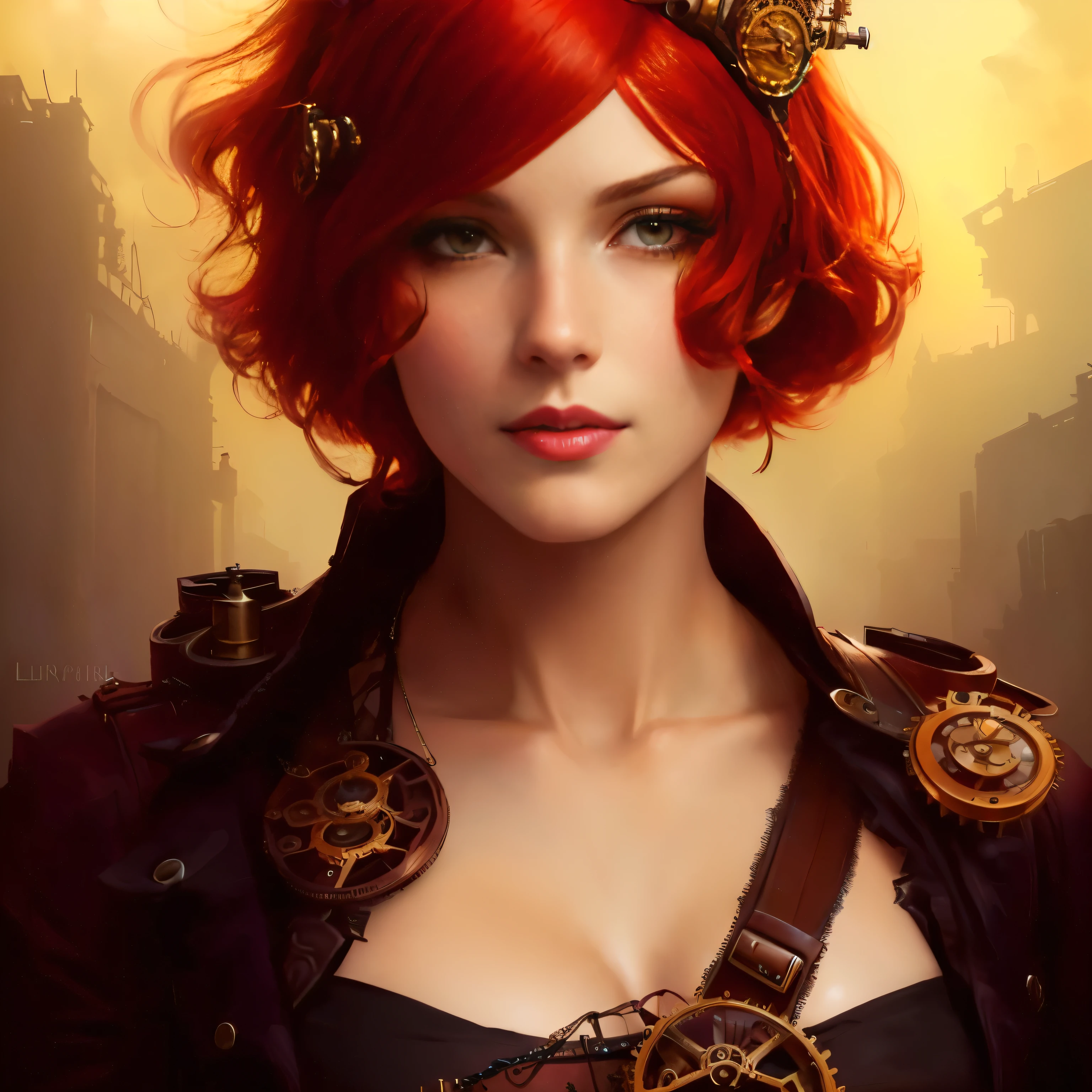 there is a red-haired woman and a steampunk necklace, digital Arte Steampunk, high quality Arte Steampunk, Arte Steampunk, arte digital steampunk, Garota Steampunk, steampunk linda mulher anime, linda arte digital, linda pintura digital, estilo de fantasia steampunk, lindo retrato de arte de fantasia, arte de retrato de fantasia, linda arte digital, garota pin-up steampunk, vivid steampunk concept, stunning digital illustration