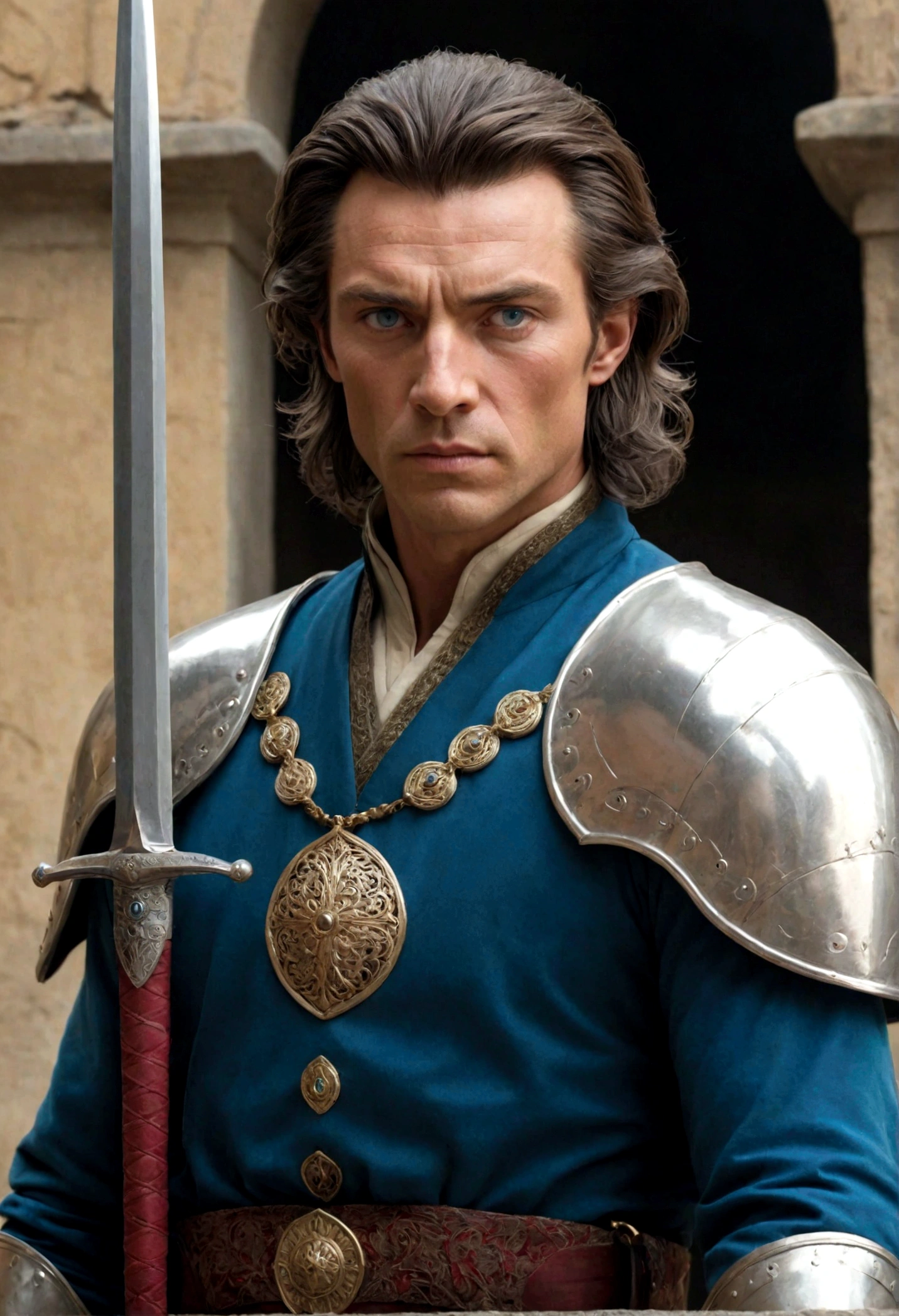 **Appearance:**
Marius, in his early forties, stands out with his tall and athletic build. His hair, tinged with silver, contrasts with the first wrinkles appearing at his temples, while the sharp lines of his face reflect the experience and determination brought by the years. His ice-blue eyes add a cold authority and mysterious depth to his gaze. He typically wears carefully tailored, dark-colored clothes and proudly carries an embroidered sword, a legacy from his ancestors, at his waist.
**Personality:**
Marius is a charismatic and intelligent leader. His speech is compelling, and his demeanor is confident. Though he is a beloved and respected figure among the people, there is a more complex personality behind the scenes. Proud and ambitious, Marius deeply embraces his family's allegiance and legacy to Zunta. Protecting the city and its people is his most important duty, but in fulfilling this duty, he can sometimes be ruthless and authoritarian. He makes decisions quickly and decisively.