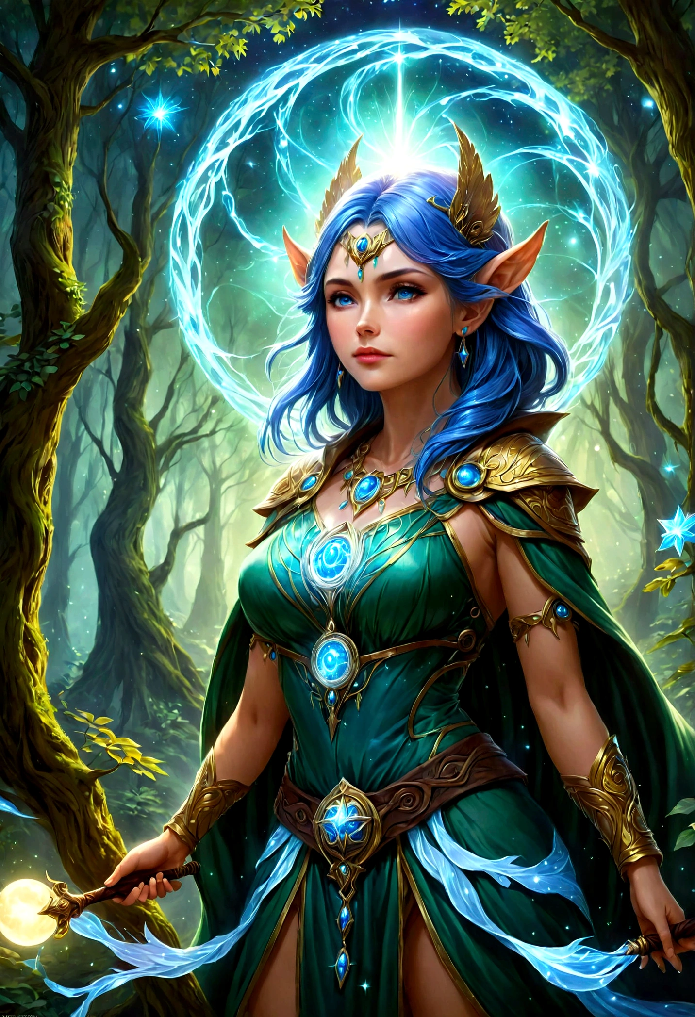 high details, best quality, 16k, [ultra detailed], masterpiece, (extremely detailed), dynamic angle, photorealistic, ((fantasy art)), d&d art, rpg art, realistic art, ((female human: 1.3), druid of the stars, guardian of nature, controlling magical energy made of stars, swirling blue stary magical light, divine symbols, DruidMagicAI (intricate details, Masterpiece, best quality: 1.5), human female, extremally beautiful, ultra feminine, dynamic hair, dynamic hair color, wearing leather armorת holding a staff, moon light, stars, dynamic natural background, RPG art, magical atmosphere magic-fantasy-forest, ultra best realistic, best details, 16k, [ultra detailed], masterpiece, best quality, (extremely detailed), photorealism, depth of field, hyper realistic painting, Cinematic Hollywood Film style