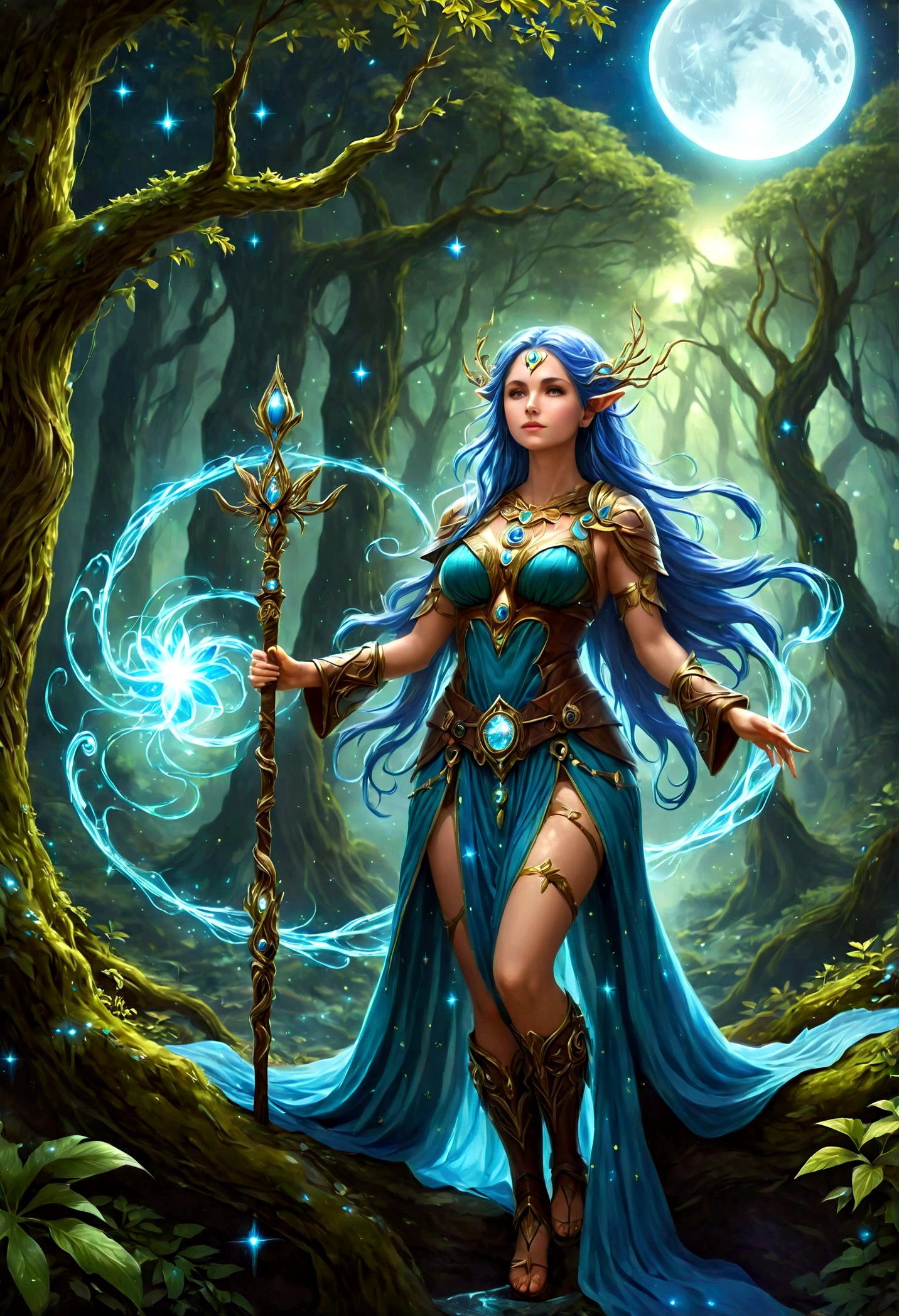 high details, best quality, 16k, [ultra detailed], masterpiece, (extremely detailed), dynamic angle, photorealistic, ((fantasy art)), d&d art, rpg art, realistic art, ((female human: 1.3), druid of the stars, guardian of nature, controlling magical energy made of stars, swirling blue stary magical light, divine symbols, DruidMagicAI (intricate details, Masterpiece, best quality: 1.5), human female, extremally beautiful, ultra feminine, dynamic hair, dynamic hair color, wearing leather armorת holding a staff, moon light, stars, dynamic natural background, RPG art, magical atmosphere magic-fantasy-forest, ultra best realistic, best details, 16k, [ultra detailed], masterpiece, best quality, (extremely detailed), photorealism, depth of field, hyper realistic painting, Cinematic Hollywood Film style