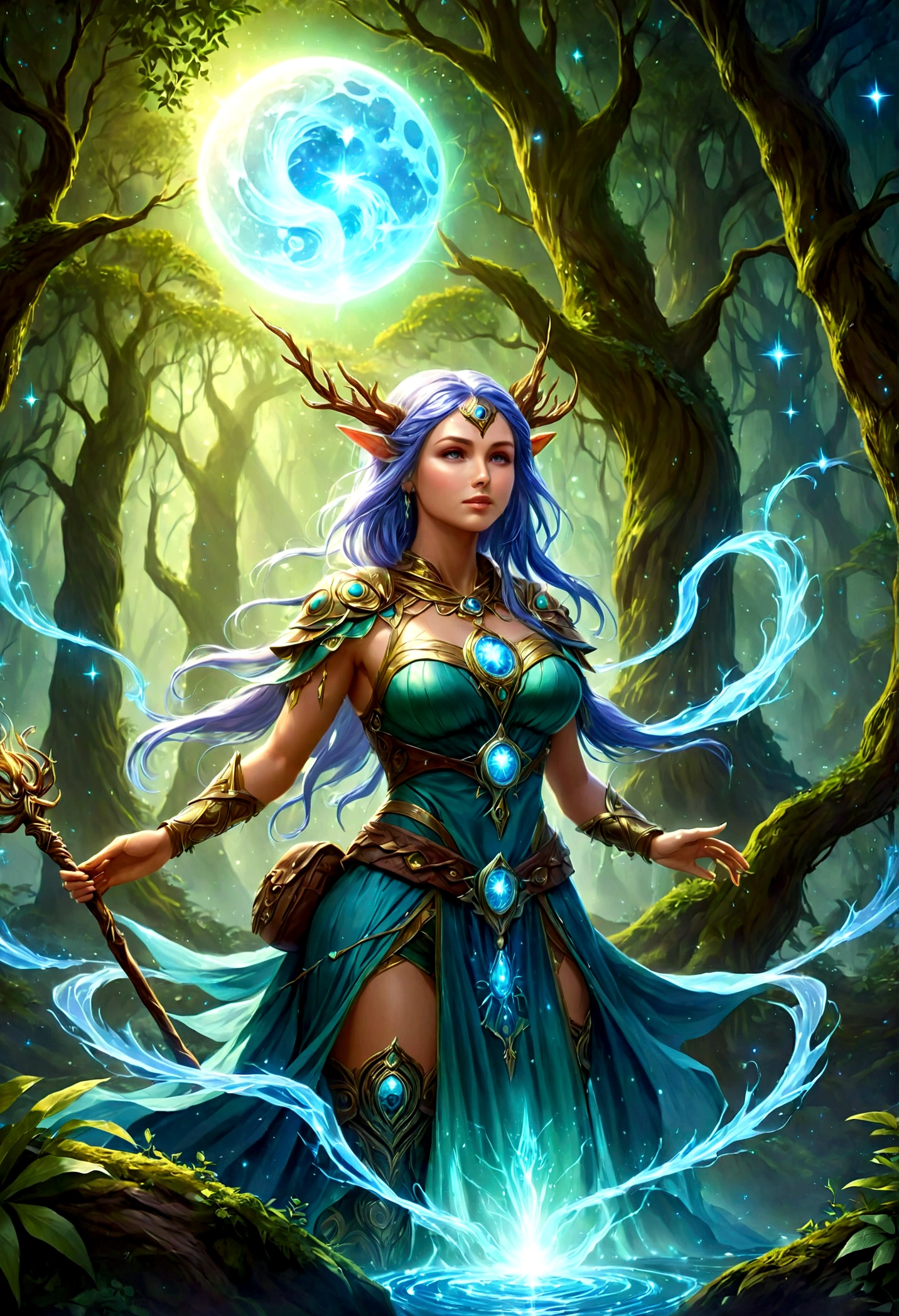 high details, best quality, 16k, [ultra detailed], masterpiece, (extremely detailed), dynamic angle, photorealistic, ((fantasy art)), d&d art, rpg art, realistic art, ((female human: 1.3), druid of the stars, guardian of nature, controlling magical energy made of stars, swirling blue stary magical light, divine symbols, DruidMagicAI (intricate details, Masterpiece, best quality: 1.5), human female, extremally beautiful, ultra feminine, dynamic hair, dynamic hair color, wearing leather armorת holding a staff, moon light, stars, dynamic natural background, RPG art, magical atmosphere magic-fantasy-forest, ultra best realistic, best details, 16k, [ultra detailed], masterpiece, best quality, (extremely detailed), photorealism, depth of field, hyper realistic painting, Cinematic Hollywood Film style