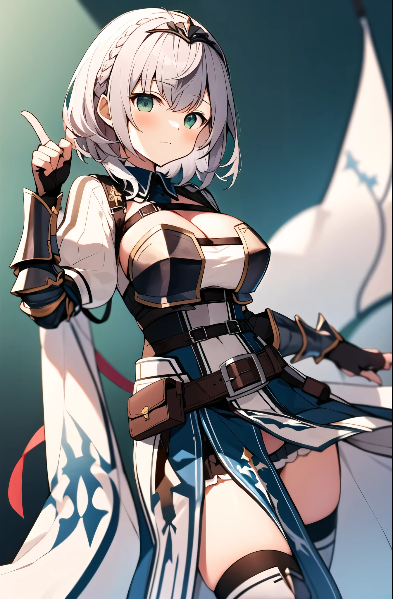 ShiroganeNoel , medium hair, braid, tiara, armored dress, single pauldron, chest guard, chest strap, cleavage cutout, puffy sleeves, pelvic curtain, waist cape, leather belt, belt pouch, vambraces, fingerless gloves, black thighhighs, greaves