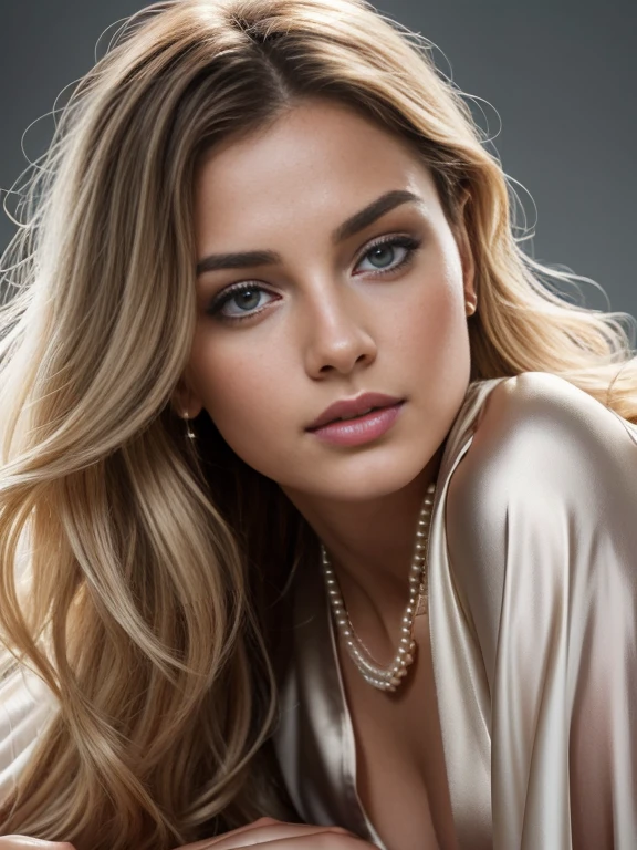 pose of a dark blonde woman in a half-opened transparent see through white robe laying on a bed, no underwear , wearing a luxurious silk robe covering everything, wearing slightly transparent white silk robe, in a silk robe, slightly transparent silk robes, in a silver silk robe, wearing a long flowing robe, draped in silky gold, dark blonde goddess, gorgeous aristocrat robe, dressed in a robe, white robe with gold accents, wearing dark silk robe, Blonde woman posing for a photoprofesional closeup cinematic photo (grey background) of a sexy 23 year old girl with (healthy,dense, lightweight, very wavy, flowy, windblown messy brunette medium length hair )) , (stunning,soulful, pretty grey eyes), sparking joy,confident, happy, closed mouth, beautiful lips, intricate details, highly detailed,vintage fashion,slightly tainted, gorgeous,(wearing an pretty,thin , minimalistic necklache with pearls and shells), dreamy atmosphere,spotles, professional, highly detailed,fit, soft lighting,Full body shots of this attractive woman should feature smooth and eye-catching poses, detailed skin texture, porcelain skin, (blush: 0.4), (goosebumps: 0.9). (the most beautiful woman in the world) , thin nose, beautiful, perfect face, slender body (slender), (white skin) Beautiful body, (predatory, hunter, expressive eyes), pink lips,closed mouth, thick thighs. full body, ((best quality)), ((ultra resolution)), ((photorealistic: 1.4)), (intricate details), perfect face, clear face, facial details. front view. (She should look directly into the camera), please make sure that the womans entire body is visible in the image. lying down on her back, cuddling, sexy
