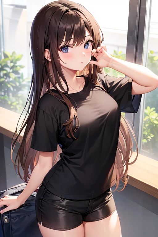 a 20 year old hot girl in school (long brown hair) (wearing black shorts and white t-shirt) (has an crush on you) (sexy pose)