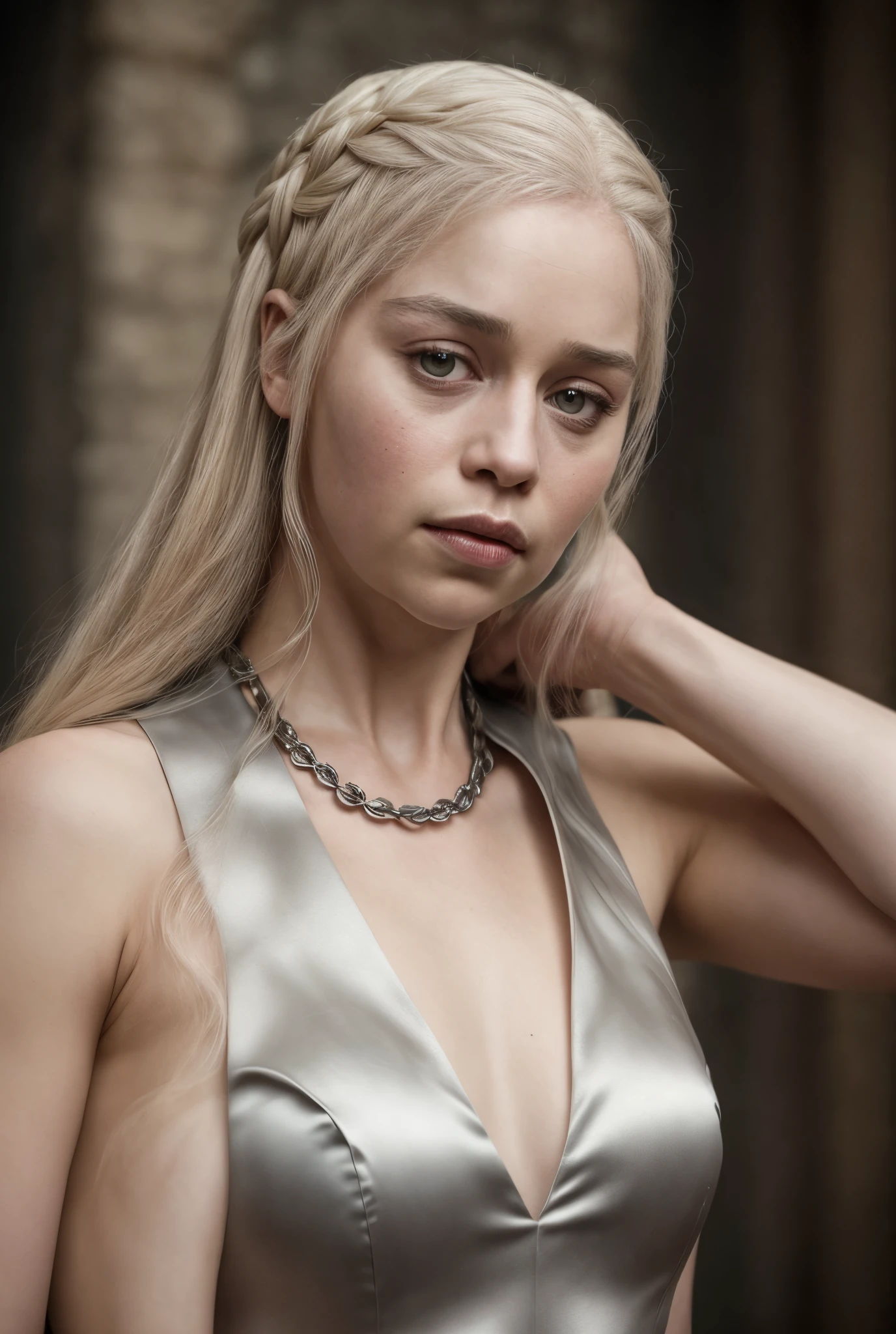 masterpiece, stunning portrait photo of khls woman, sleeveless, erotic costumes, sensual satin dress, game of thrones inspired costumes, 
  