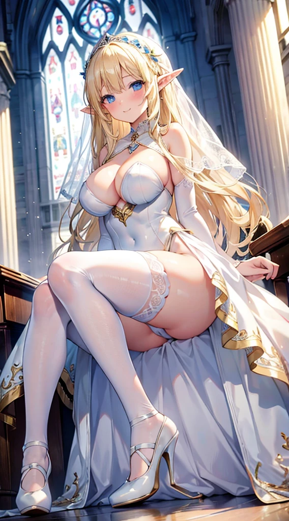 Blonde hair and blue eyes Long Hair Elf Large Breasts Wedding dress leotard mini skirt White Stockings White high heels Thighs church erotic Beauty cute blush smile Hands tied Hanged get caught