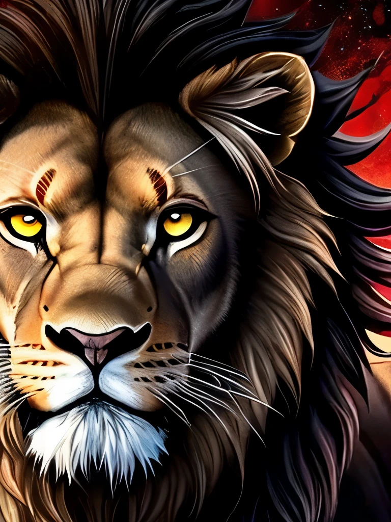 a lion, black hair, red eyes, wings, very monstrous