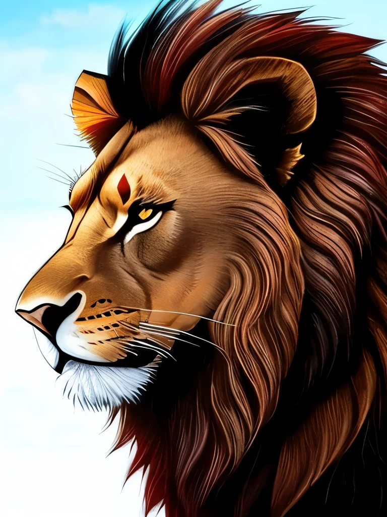 a lion, black hair, red eyes, wings, very monstrous