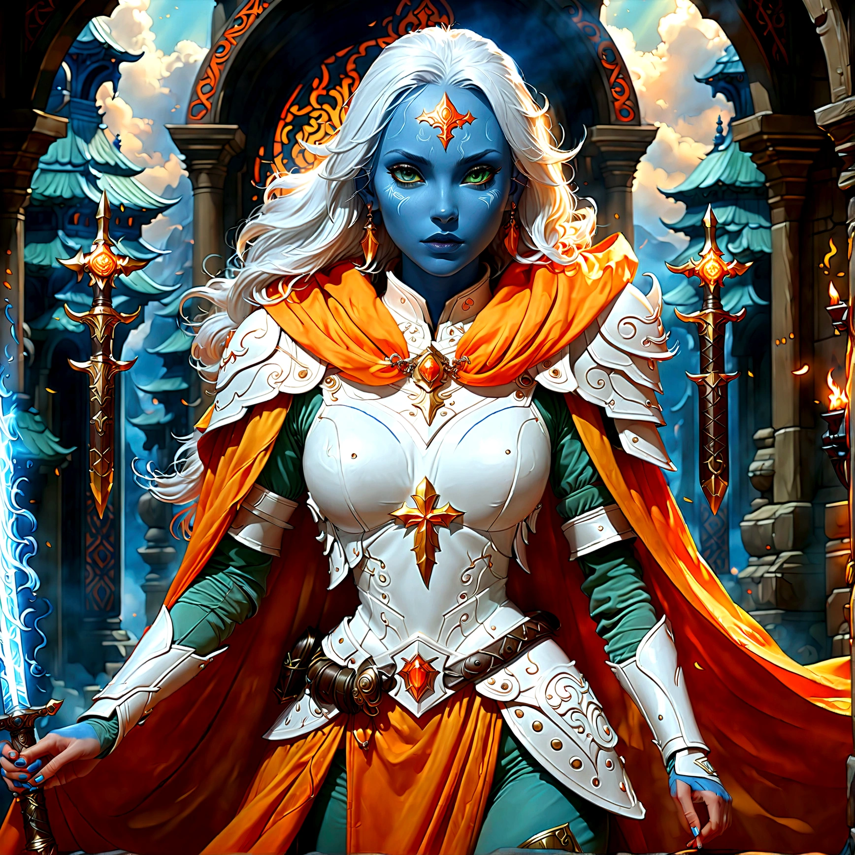 fantasy art, dnd art, RPG art, wide shot, (masterpiece: 1.4) a (portrait: 1.3) intense details, highly detailed, photorealistic, best quality, highres, portrait a female (fantasy art, Masterpiece, best quality: 1.3) ((blue skin: 1.5)), intense details facial details, exquisite beauty, (fantasy art, Masterpiece, best quality) cleric, (blue skinned: 1.3) female, white hair, long hair, (no ears: 1.5), (green eyes: 1.3), armed with a fiery sword red fire, wearing heavy (white armor: 1.3), wearing high heeled laced boots, wearing an (orange cloak:1.3), wearing glowing holy symbol GlowingRunes_yellow, within fantasy temple background, reflection light, high details, best quality, 16k, [ultra detailed], masterpiece, best quality, (extremely detailed), close up, ultra wide shot, photorealistic, RAW, fantasy art, dnd art, fantasy art, realistic art,((best quality)), ((masterpiece)), (detailed), perfect face, Cinematic Hollywood Film style