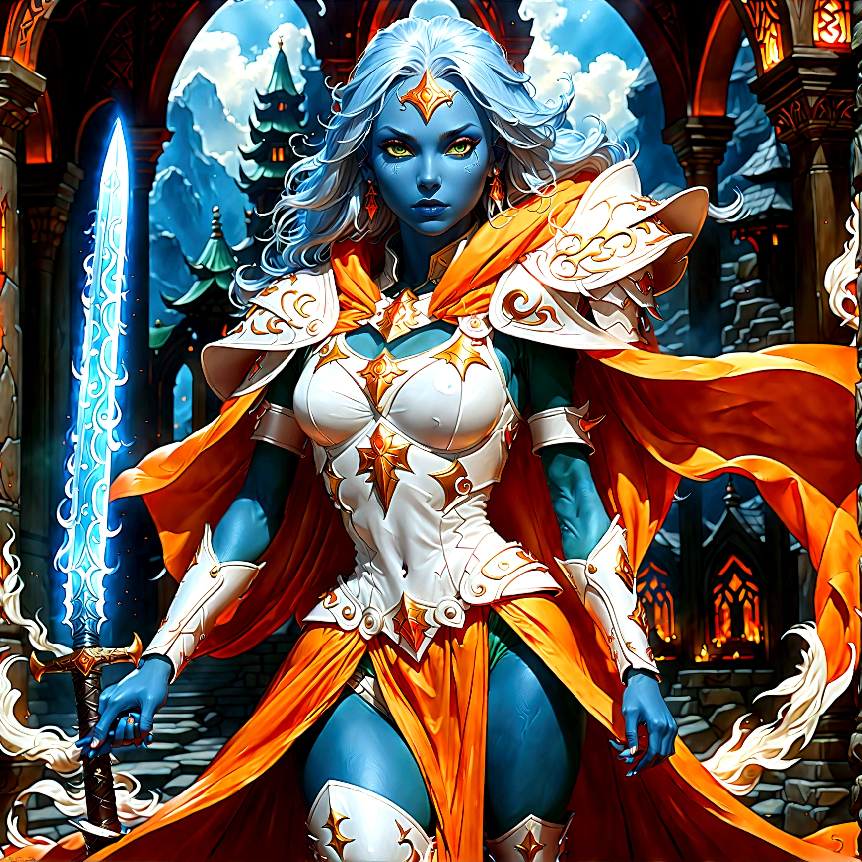 fantasy art, dnd art, RPG art, wide shot, (masterpiece: 1.4) a (portrait: 1.3) intense details, highly detailed, photorealistic, best quality, highres, portrait a female (fantasy art, Masterpiece, best quality: 1.3) ((blue skin: 1.5)), intense details facial details, exquisite beauty, (fantasy art, Masterpiece, best quality) cleric, (blue skinned: 1.3) female, white hair, long hair, (no ears: 1.5), (green eyes: 1.3), armed with a fiery sword red fire, wearing heavy (white armor: 1.3), wearing high heeled laced boots, wearing an (orange cloak:1.3), wearing glowing holy symbol GlowingRunes_yellow, within fantasy temple background, reflection light, high details, best quality, 16k, [ultra detailed], masterpiece, best quality, (extremely detailed), close up, ultra wide shot, photorealistic, RAW, fantasy art, dnd art, fantasy art, realistic art,((best quality)), ((masterpiece)), (detailed), perfect face, Cinematic Hollywood Film style