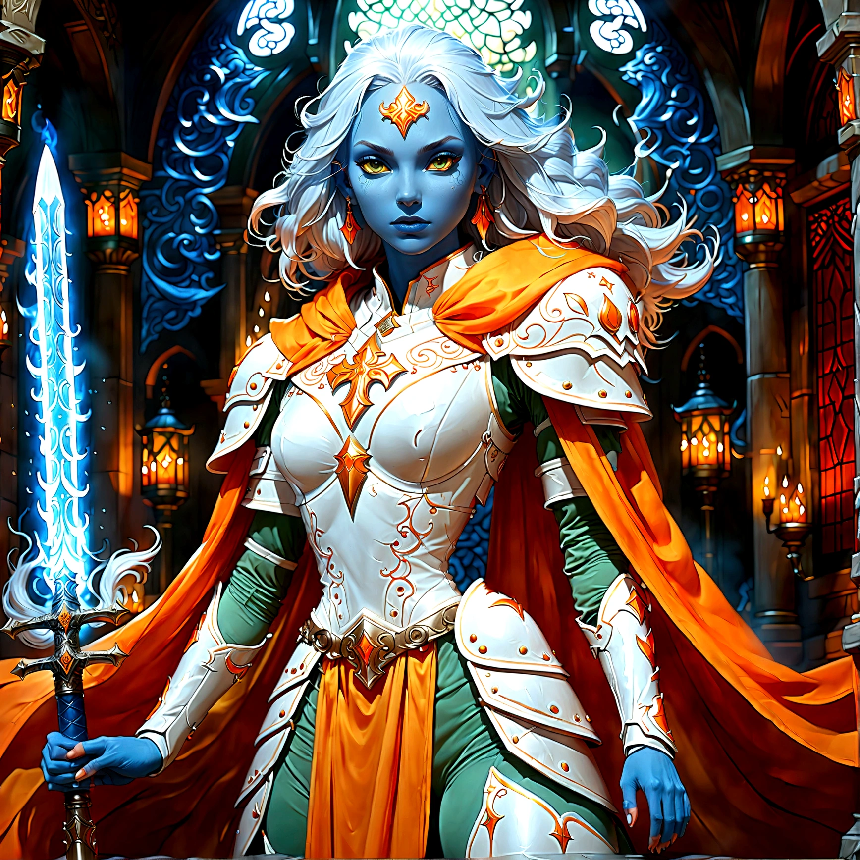 fantasy art, dnd art, RPG art, wide shot, (masterpiece: 1.4) a (portrait: 1.3) intense details, highly detailed, photorealistic, best quality, highres, portrait a female (fantasy art, Masterpiece, best quality: 1.3) ((blue skin: 1.5)), intense details facial details, exquisite beauty, (fantasy art, Masterpiece, best quality) cleric, (blue skinned: 1.3) female, white hair, long hair, (no ears: 1.5), (green eyes: 1.3), armed with a fiery sword red fire, wearing heavy (white armor: 1.3), wearing high heeled laced boots, wearing an (orange cloak:1.3), wearing glowing holy symbol GlowingRunes_yellow, within fantasy temple background, reflection light, high details, best quality, 16k, [ultra detailed], masterpiece, best quality, (extremely detailed), close up, ultra wide shot, photorealistic, RAW, fantasy art, dnd art, fantasy art, realistic art,((best quality)), ((masterpiece)), (detailed), perfect face, Cinematic Hollywood Film style