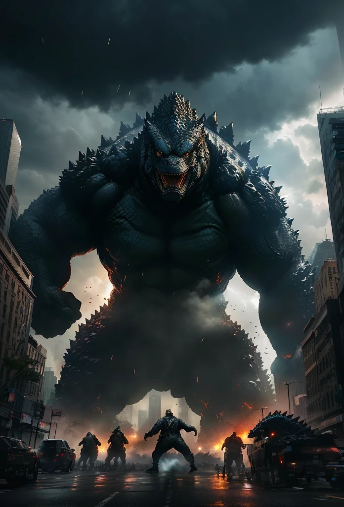 Godzilla rising from the ground with a huge monster in the background, an rei kong rage on street, wojtek fus, Godzilla, Kaiju towering above new york, character portrait of Godzilla, Apocalipse, rei kong, Kaiju, Godzilla portrait, arte oficial altamente detalhada, liam neeson versus Godzilla, z'gok. 8K HD resolution