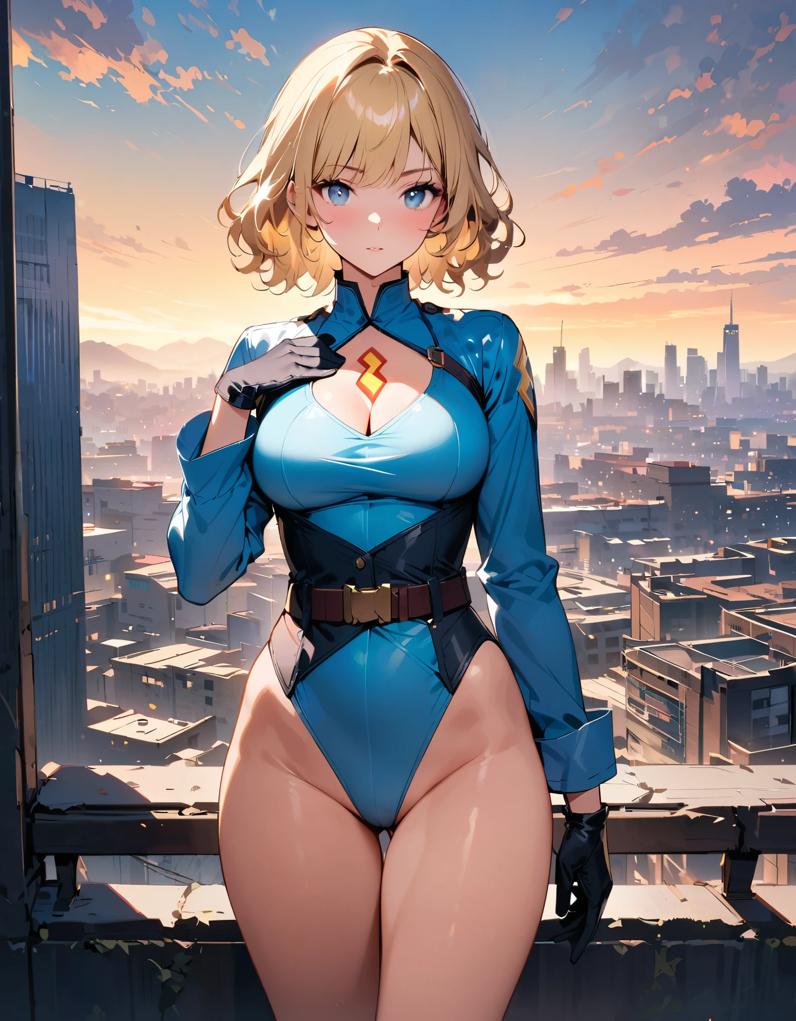 masterpiece, best quality, hires, 1girl, medium breasts, ((leotard, light blue leotard)), long sleeves, ((lighting bolt (emblem) on chest)), (bare legs), (fastened tight belt), boots, matching boots, gloves, city backdrop, solo, single, standing, full body shot, cowboy shot, superhero, beautiful detailed eyes, blonde hair, (short hair, wavy hair), high school backdrop, outdoors, mature lady, teacher, perfect body, good proportions