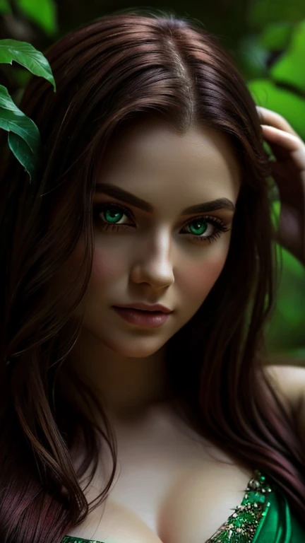 The image is a captivating close-up portrait of a striking woman adorned with long, cascading red locks and mesmerizing green eyes. With her bare shoulders bared and a solitary emerald green leaf delicately positioned on her chest, she exudes an aura of enchanting allure and unfaltering self-assurance. Her captivating gaze pierces the camera, inviting the viewer into her serene world. The backdrop softly fades into a verdant hue, harmoniously accentuating her hair, makeup, and the verdant leaf, creating a peaceful, verdant ambiance within the photograph.