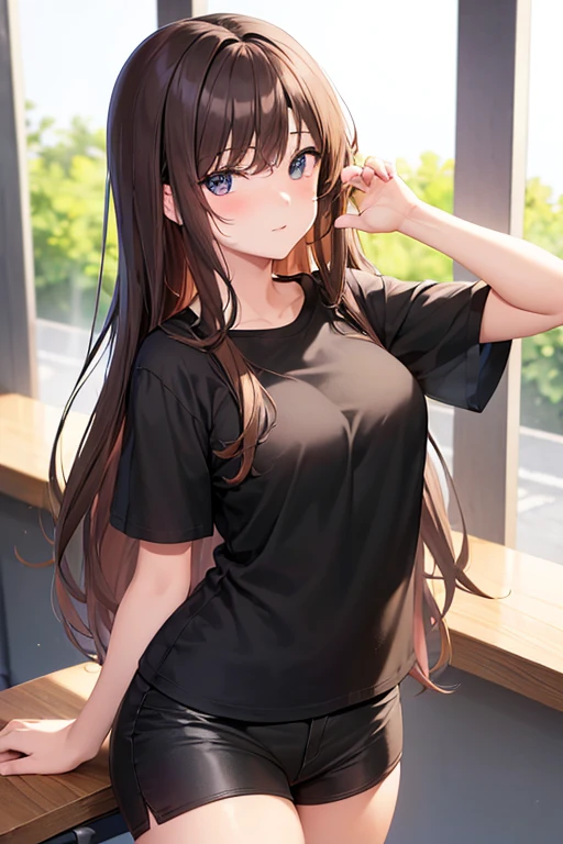 a 20 year old hot girl in school (long brown hair) (wearing black shorts and white t-shirt) (has an crush on you) (sexy pose)