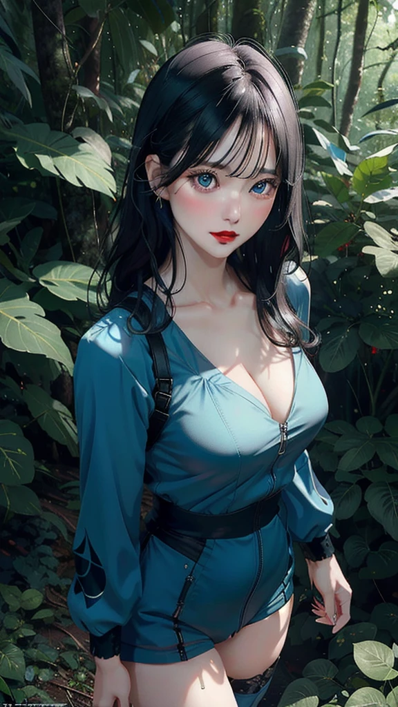 1 female,(background:In the woods,Rainforest,In the summer,Strong wind) She has short black hair,Bangs,Straight Hair,Red lips,stand up,Front view, OK, Gloomy sky,(((masterpiece),(Highly detailed CG Unity 8k wallpaper),Best quality,Light,Detailed background,Beautiful blue eyes,(Very delicate and beautiful),(Beautiful and detailed description of the eyes),Super detailed,masterpiece,)),face camera,high resolution,Super detailed),Exposing breasts,Exposing genitals, Convex,Camel toe,Sexy bulge,us airforce(Wear:Green flight suit)