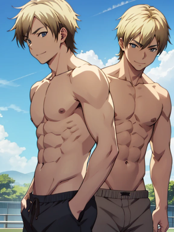kodaka hasegawa, two tone hair, blonde hair, blue eyes, manly face, smile, shirtless, slim, fit, abs, closed mouth, outdoors, sky, day, briefs, cloud, sunny, pants,