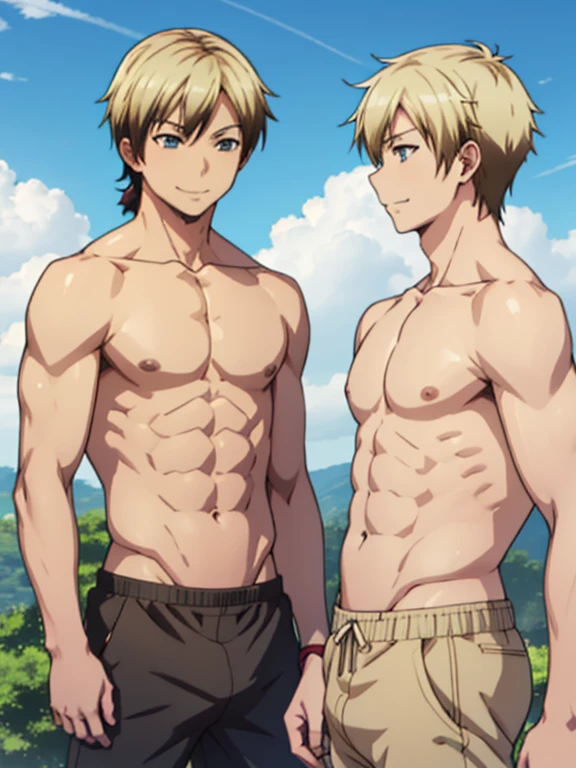  kodaka hasegawa, two tone hair, blonde hair, blue eyes, manly face, smile, shirtless, slim, fit, abs, closed mouth, outdoors, sky, day, briefs, cloud, sunny, pants,