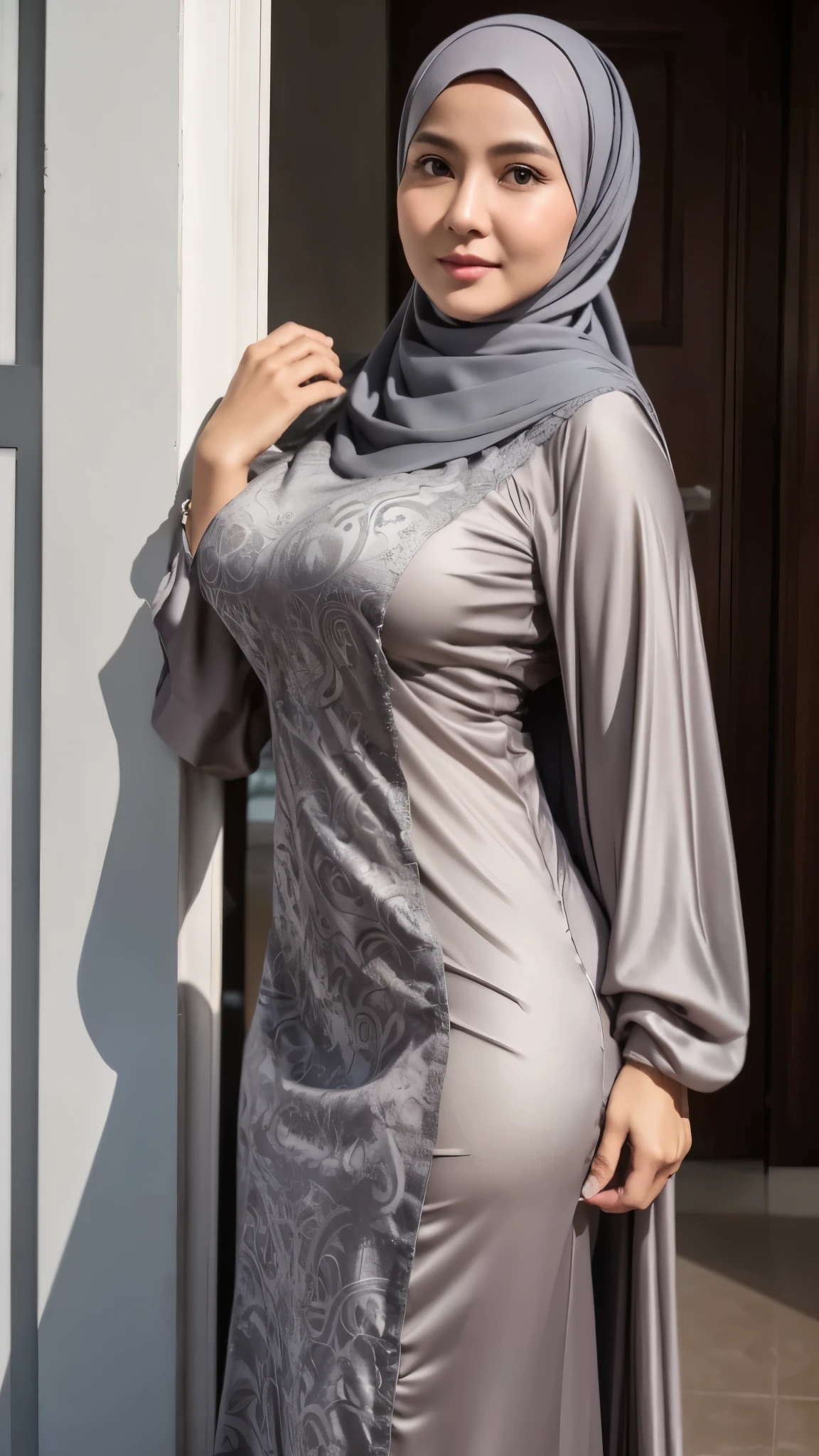 50 years Old, Hijab Indonesian mature woman, Big Tits : 66.9, Gamis, Breast out from her clothes : 1.9, at doctor office, Dark light, at Nighttime
