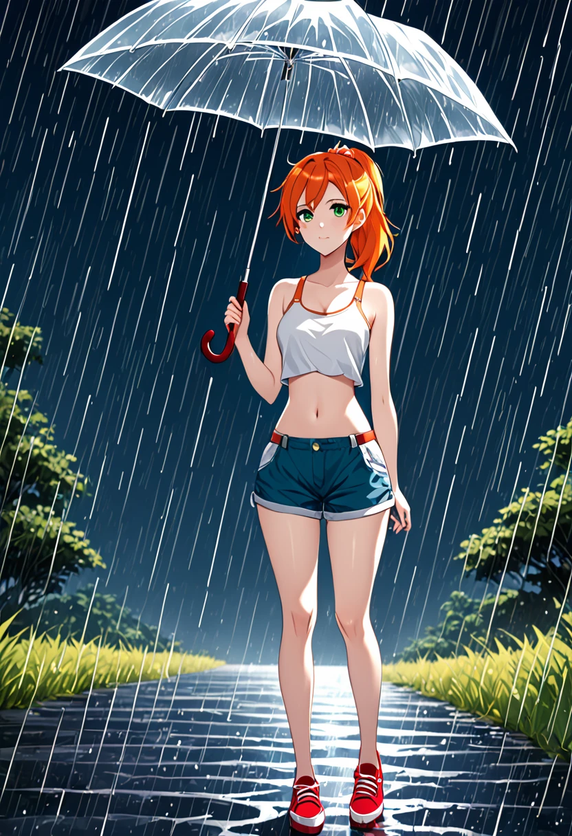 Girl white skin short orange hair with ponytail on the left side with paba green eyes short yellow tank top blue shorts navel bare belly red braces red shoes with white standing with one hand on her waist and the other holding an umbrella rain dark sky rays