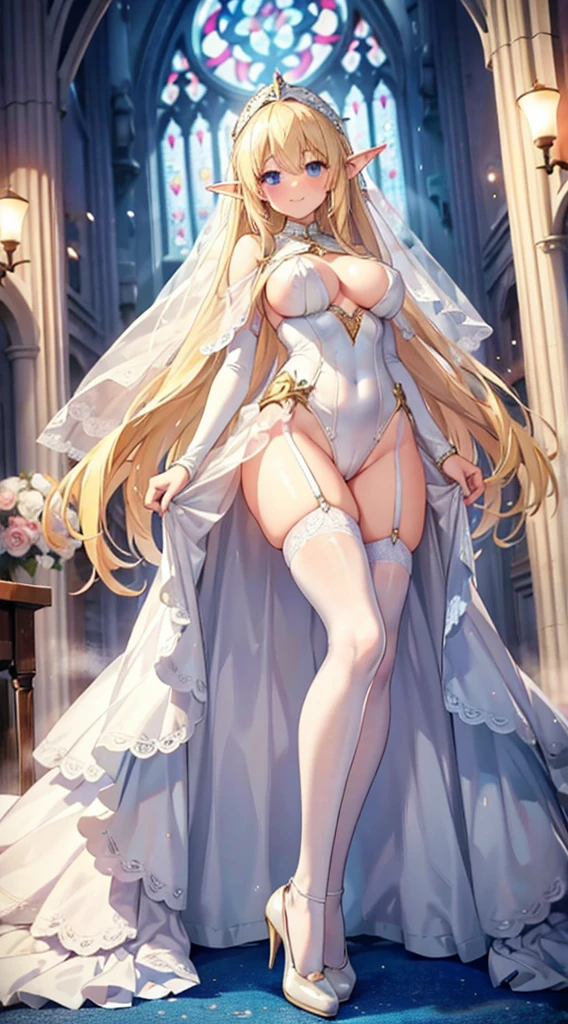 Blonde hair and blue eyes　Long Hair　Elf　Large Breasts　sheer wedding dress　leotard　mini skirt　White Stockings　White high heels　Thighs　church　erotic　Beauty　cute　blush　smile　tits