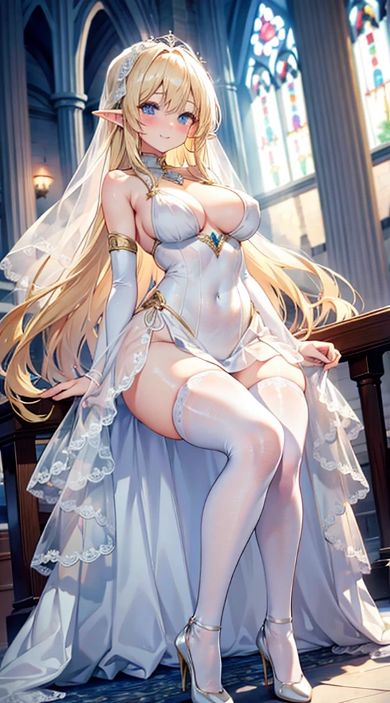 Blonde hair and blue eyes Long Hair Elf Large Breasts sheer wedding dress leotard mini skirt White Stockings White high heels Thighs church erotic Beauty cute blush smile tits
