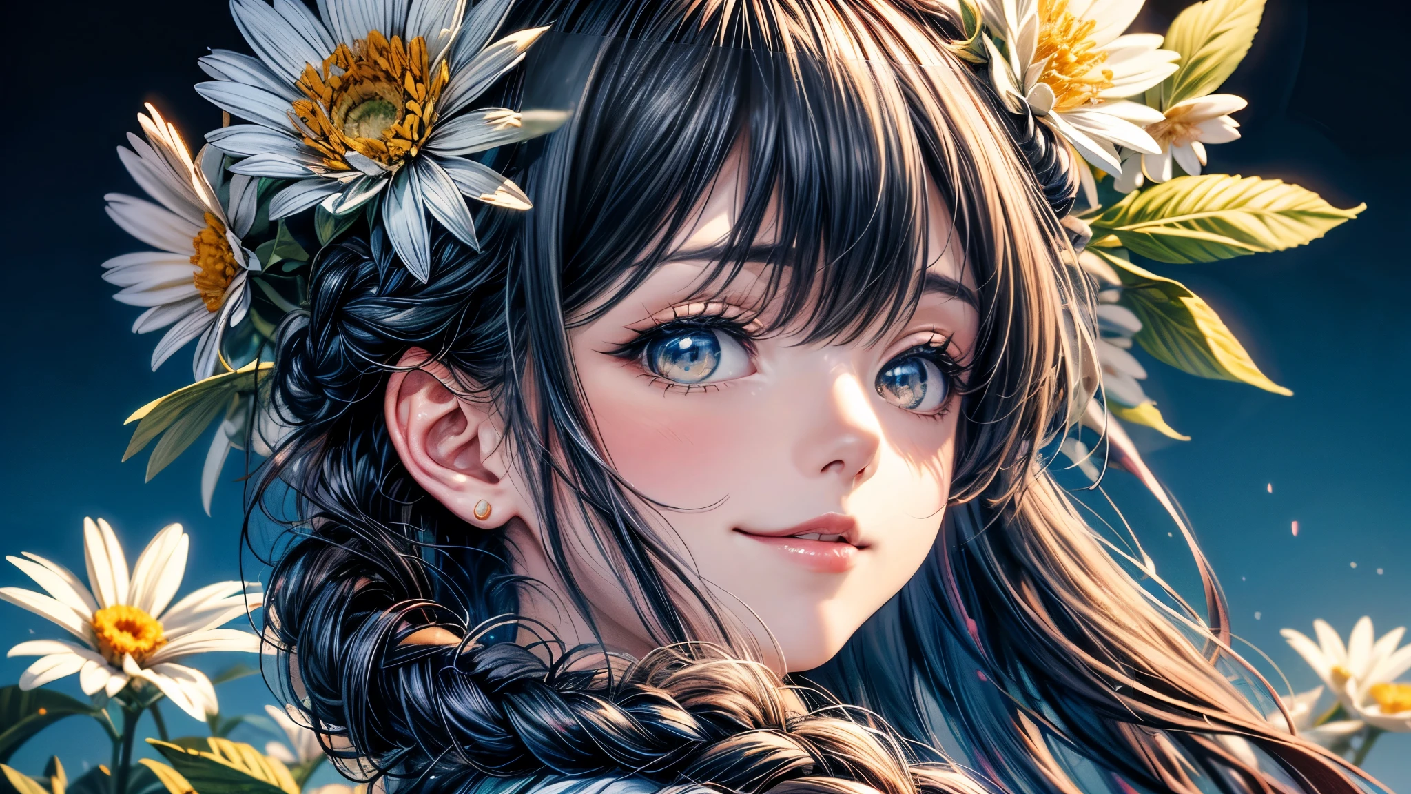 Fondo repleto de muchas flores.、Close up portrait of smiling woman looking back。There are also many flowers in the braided hair..。Lindas ilustraciones llenas de felicidad.、fondo floral、calidad extremadamente alta、calidad de imagen de alto nivel、Dibujo extremadamente delicado.。Mano de obra raramente vista
