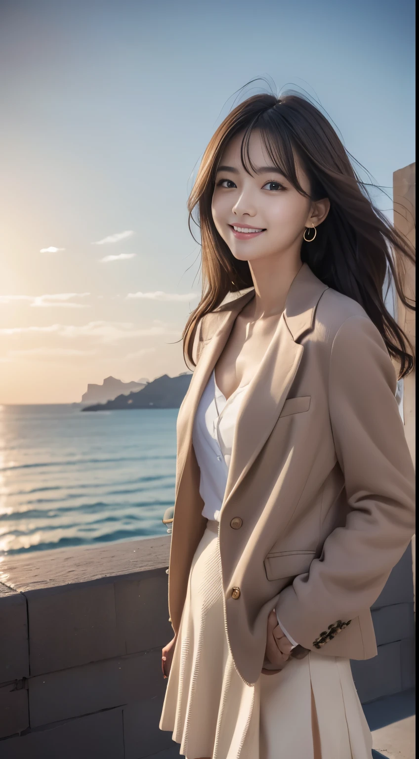 Woman standing in the sea as the sun rises、Sea at dawn、(Wearing a navy blue blazer、Wearing a white blouse、Wearing a red flared skirt)、Wearing pumps、The wind is blowing、A bag is hanging from the right shoulder、Beauty、20-year-old、university student、Uniform, cool-looking eyes、Well-balanced proportionedium build、Small face、Small breasts、Small Ass、The neck is short、Uniform left and right eyes、, black hair, long hair, messy hair, floating hair, earrings, parted lips, happy, seductive smile, symbol-shaped pupils, Surrealism, Verism, cinematic lighting, first-person view, f/1.2, Nikon, UHD, best quality, highres, 8k, anatomically correct, textured skin, high details