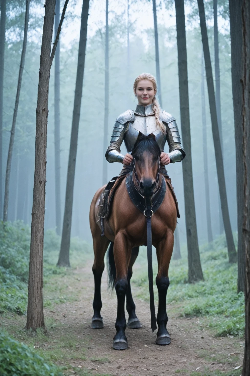 a centaur, half-human, half-horse creature, detailed face, muscular body, blond hair, piercing eyes, armor, medieval fantasy, dramatic lighting, cinematic composition, mist, forest background, intricate details, photorealistic, 8k, best quality, masterpiece