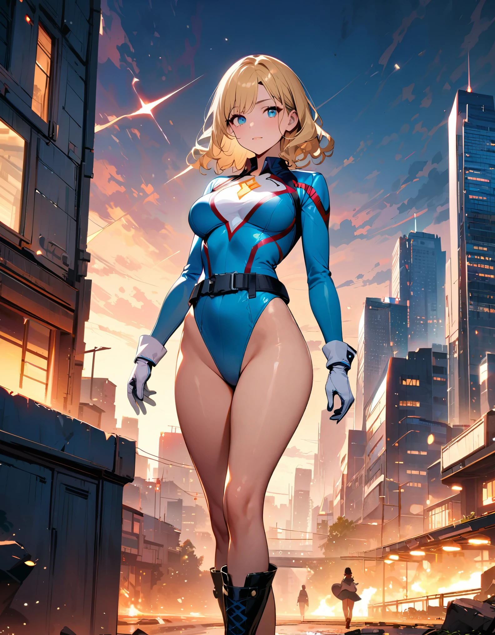 masterpiece, best quality, hires, 1girl, medium breasts, ((leotard, light blue leotard)), long sleeves, ((lighting bolt (emblem) on chest)), (bare legs), (fastened tight belt), boots, matching boots, gloves, city backdrop, solo, single, standing, full body shot, cowboy shot, superhero, beautiful detailed eyes, blonde hair, (short hair, wavy hair), high school backdrop, outdoors, mature lady, teacher, perfect body, good proportions