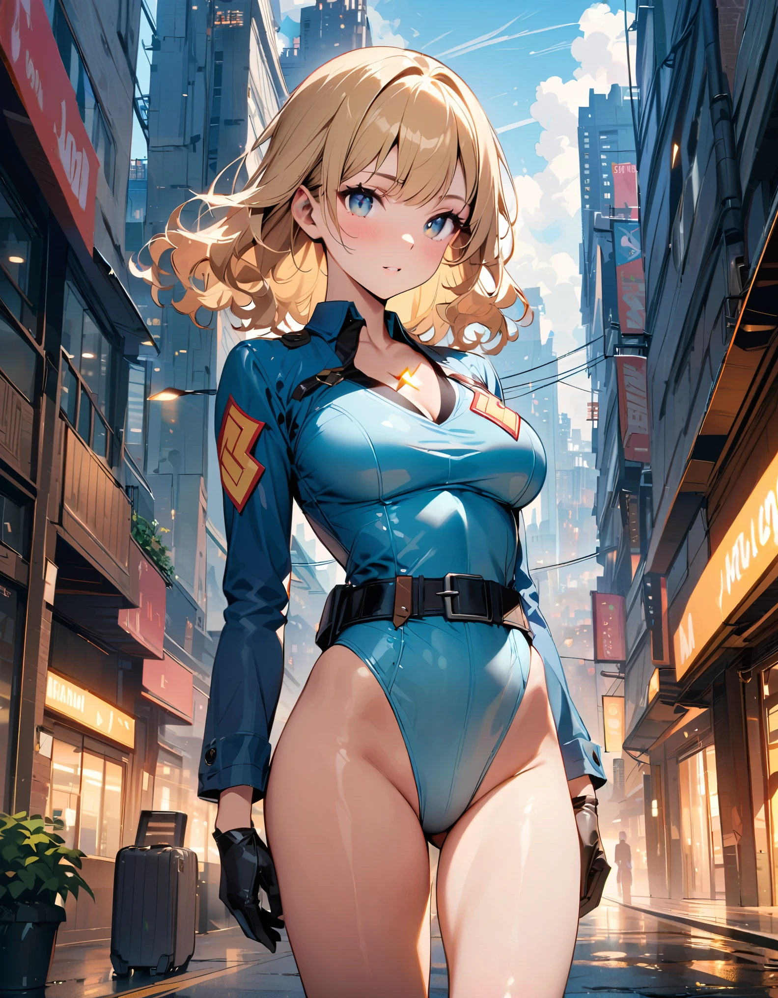 masterpiece, best quality, hires, 1girl, medium breasts, ((leotard, light blue leotard)), long sleeves, ((lighting bolt (emblem) on chest)), (bare legs), (fastened tight belt), boots, matching boots, gloves, city backdrop, solo, single, standing, full body shot, cowboy shot, superhero, beautiful detailed eyes, blonde hair, (short hair, wavy hair), high school backdrop, outdoors, mature lady, teacher, perfect body, good proportions