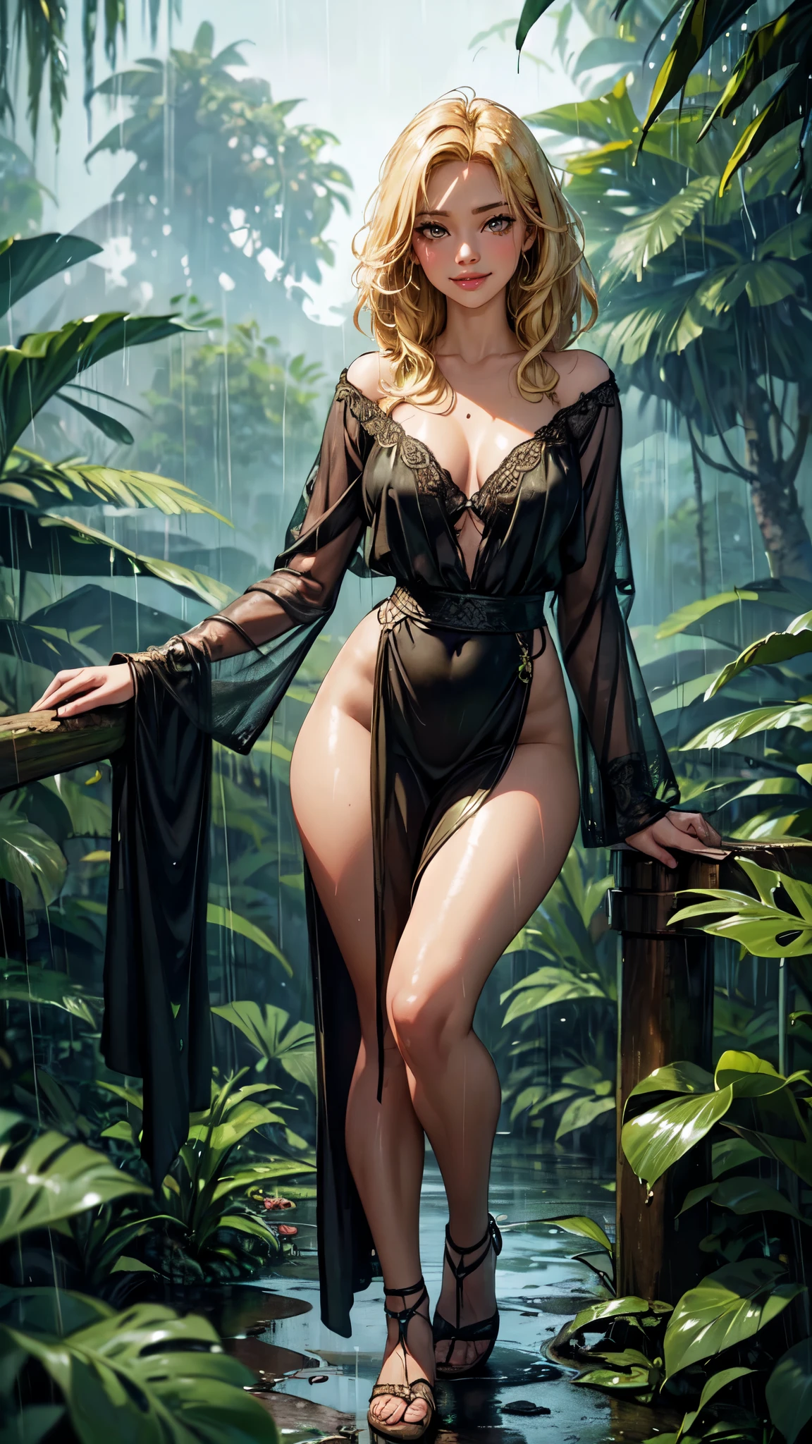 (Background:: jungle, monsoon on tropical island, kerala village, dense rain, monsoon, rainy environment, tropical climate, wet lush jungle landscape, lush rain forest, at evening during rain, rainy scene, rainy; rain like a dream, tropic climate, moonlit kerala village) a woman standing on a rock in a river, lovely princess, wet from the rain, wet body, various seducing pose, closeup shot of princess, lovely princess, smiley face , beautiful smile, sexy smile, blonde hair, thick thighs, widehip,detailed face, detailed eyes, detailed hands, full body