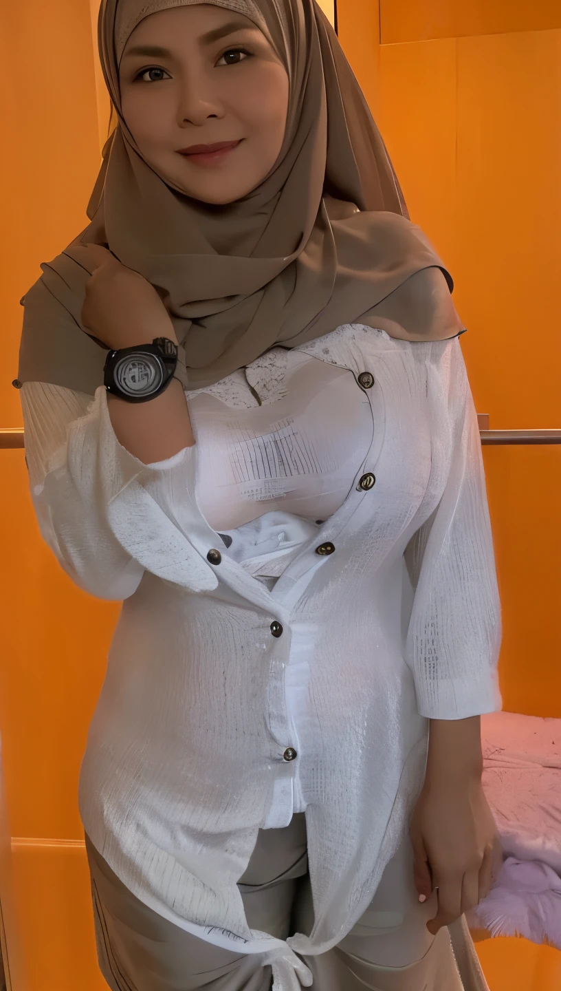 50 years Old, Hijab Indonesian mature woman, Big Tits : 66.9, Gamis, Breast out from her clothes : 1.9, at doctor office, Dark light, at Nighttime