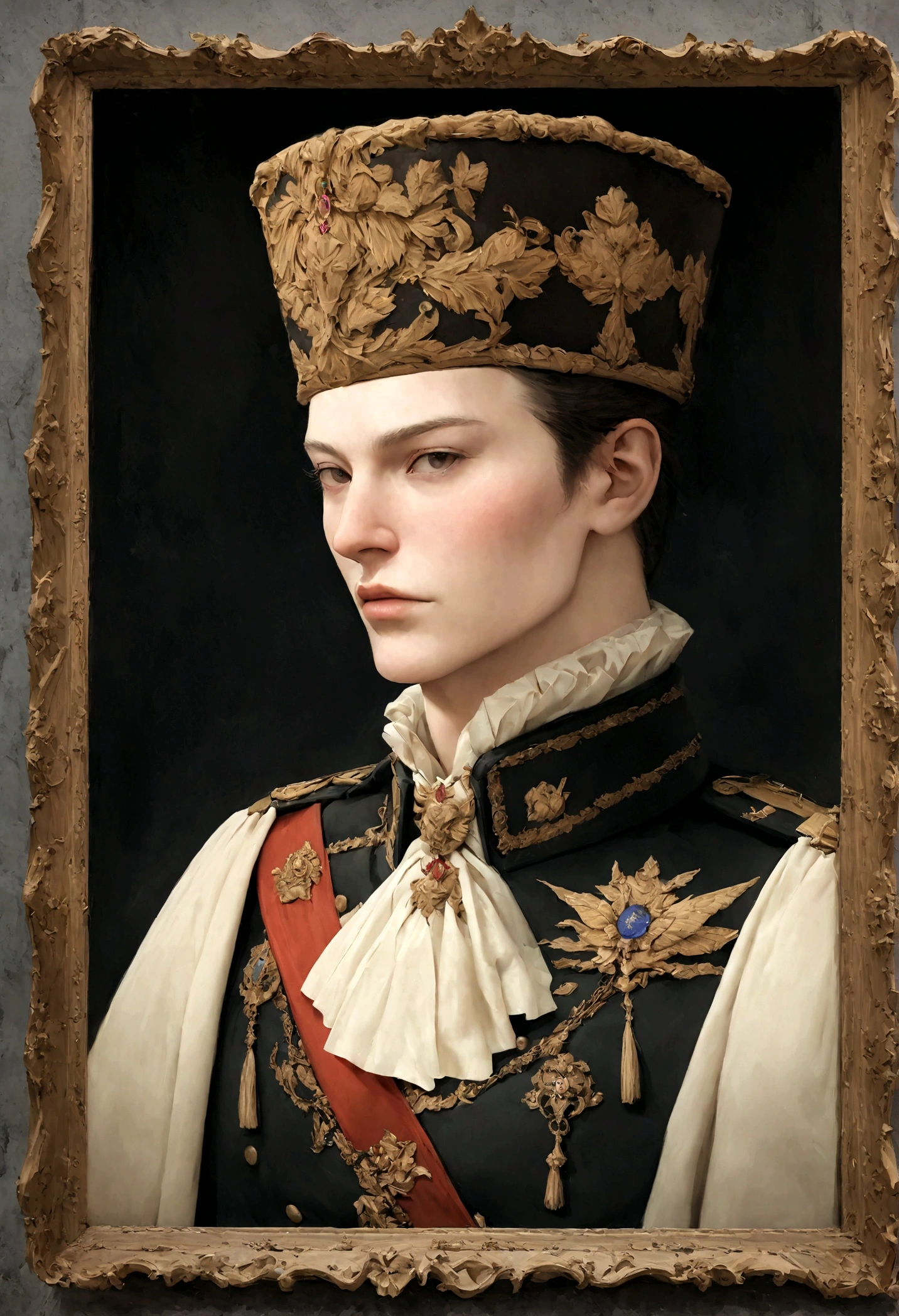 une peinture d&#39;un homme en uniforme militaire noir, imperial portrait, portrait royal, Elon Musk: un mousquetaire, Great Emperor of the Russian Empire, inspired by Mario Dubsky, portrait nft, majesty in noble clothing, portrait royal painting, inspiré par Vlady Kibalchich Russakov, portrait de haute qualité, portrait d&#39;un duc de l&#39;ère victorienne. Capture this&#39;aide d&#39;a medium format Hasselblad 500cm for a classic cinematic aesthetic. Stylisez-le avec des éléments baroques, mettant en valeur les détails ornés des vêtements et de l&#39;environnement, and improve the depth and&#39;overall intensity of the&#39;image --ar 2:3:00 a.m. - 5:00 a.m..2 --q 2 --style brut --s 2