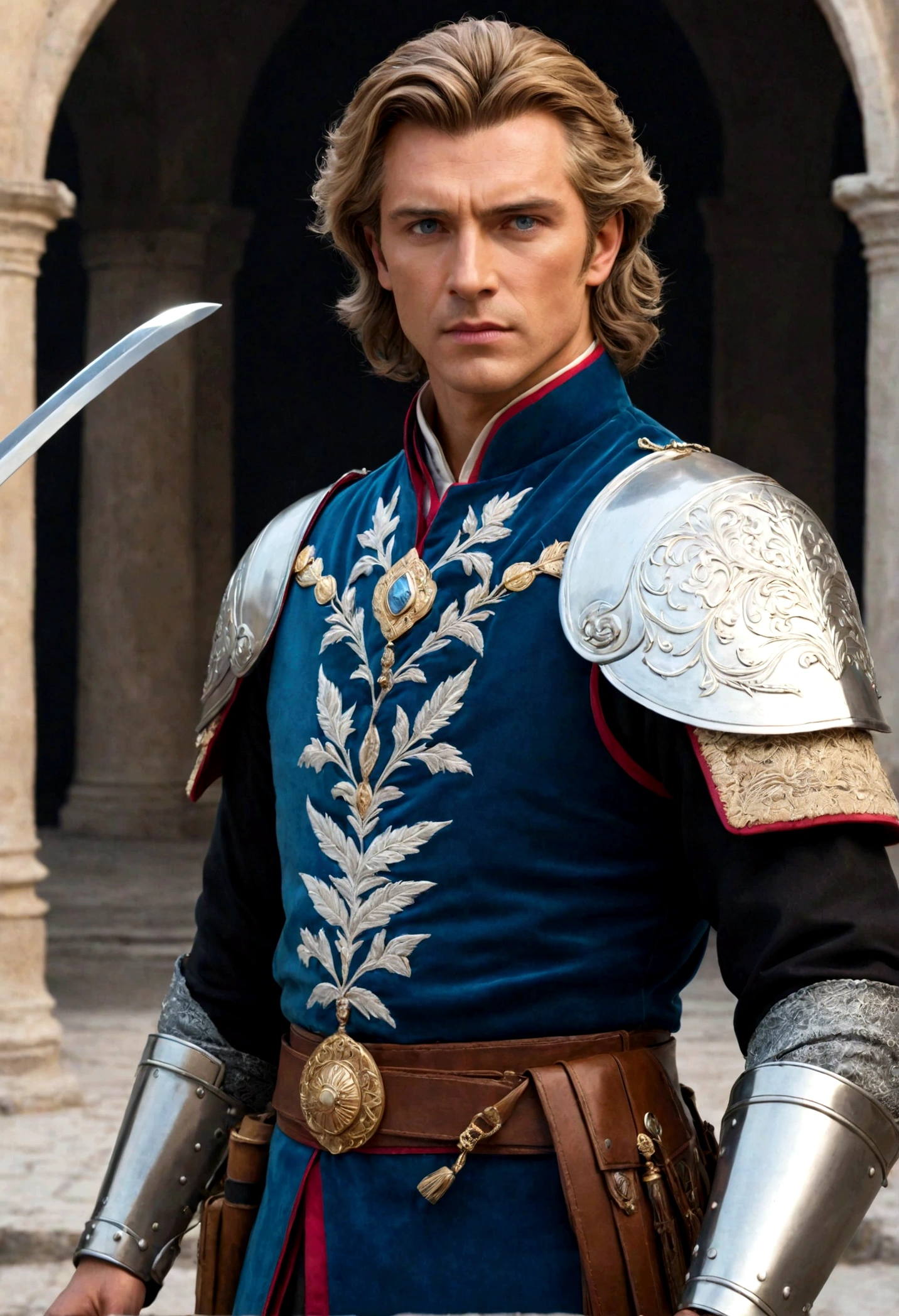 **Beylerbeyi Marius "Sword Shadow" Trianon: The Proud Heir of Zunta, Slave to His Passions**
**Appearance:**
Marius, in his early forties, stands out with his tall and athletic build. His hair, tinged with silver, contrasts with the first wrinkles appearing at his temples, while the sharp lines of his face reflect the experience and determination brought by the years. His ice-blue eyes add a cold authority and mysterious depth to his gaze. He typically wears carefully tailored, dark-colored clothes and proudly carries an embroidered sword, a legacy from his ancestors, at his waist.
**Personality:**
Marius is a charismatic and intelligent leader. His speech is compelling, and his demeanor is confident. Though he is a beloved and respected figure among the people, there is a more complex personality behind the scenes. Proud and ambitious, Marius deeply embraces his family's allegiance and legacy to Zunta. Protecting the city and its people is his most important duty, but in fulfilling this duty, he can sometimes be ruthless and authoritarian. He makes decisions quickly and decisively, sometimes putting his emotions second.