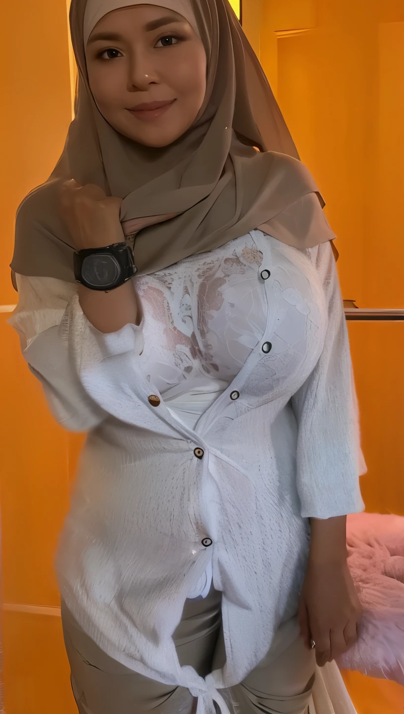 50 years Old, Hijab Indonesian mature woman, Big Tits : 66.9, Gamis, Breast out from her clothes : 1.9, at doctor office, Dark light, at Nighttime