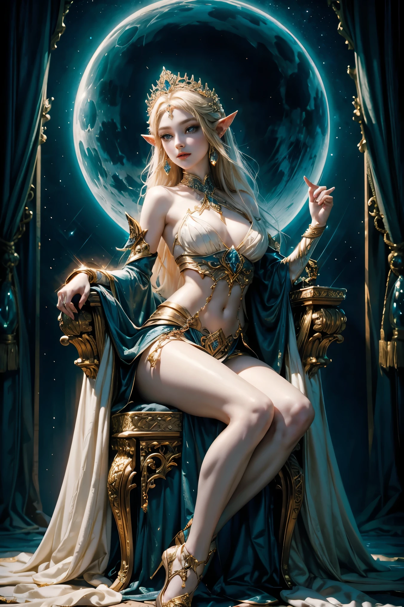 ((Masterpiece, high quality)), ((Cinematic Light)) beautiful elf, fantasy style, blue eyes, seated pose,throne made of tree root, beautiful tattoo on your body,((intricate details)), hdr, Dramatic type,magic, long blonde hair, golden and black armor covering parts of your body in white and gold details, black forest background, magic, fairies, and neon yellow butterflies