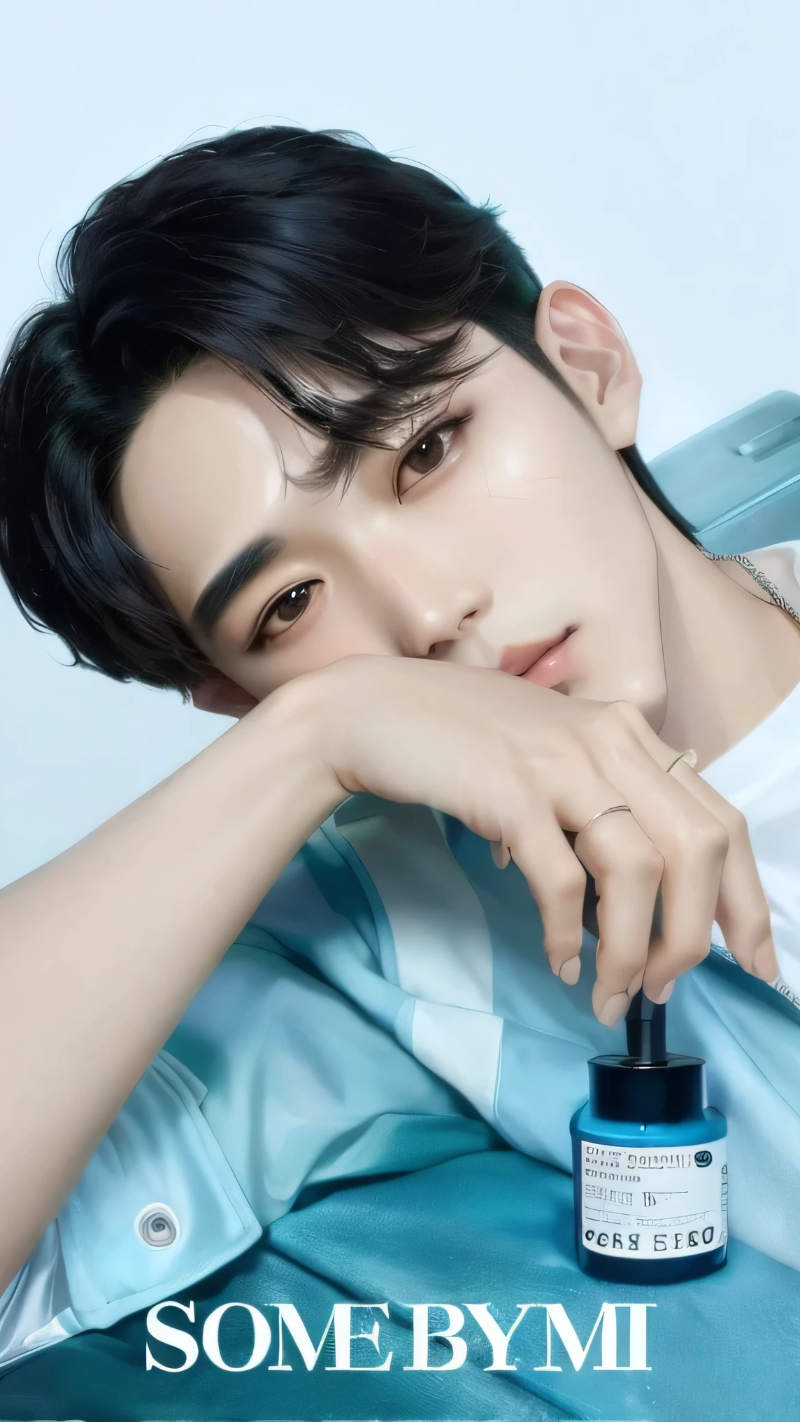 un primer plano de una persona con una botella de algo, cai xukun, jinyoung shin, Inspirado por Zhang Han, hyung tae, kim doyoung, sha xi, esojun chengt, inspirado en Bian Shoumin, heise jinyao, eso, inspirado por Huang Gongwang, jia, lu ji, artista coreano, Hong June Hyung, aesthetic jinyoung pimple