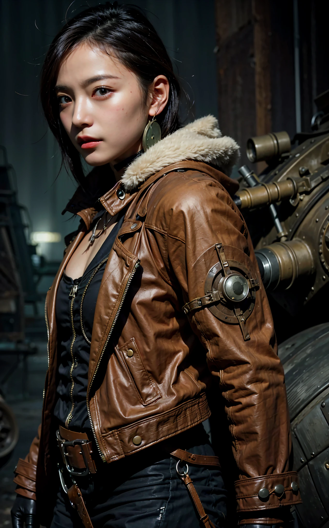 A fictional WWII Japanese female soldier piloting a humanoid weapon of the Imperial Japanese Army、Beautiful Face、Torn trousers、dirty clothes、Very intricate details、Olive drab paint、Peeling paint、Weathering、Trench Warfare Background、Photorealistic、taken with Fuji film X-T30+Nokton. HDR10