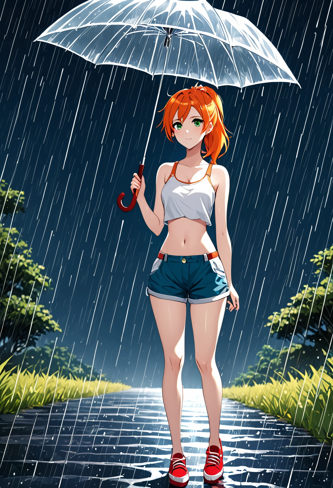 Girl white skin short orange hair with ponytail on the left side with paba green eyes short yellow tank top blue shorts navel bare belly red braces red shoes with white standing with one hand on her waist and the other holding an umbrella rain dark sky rays