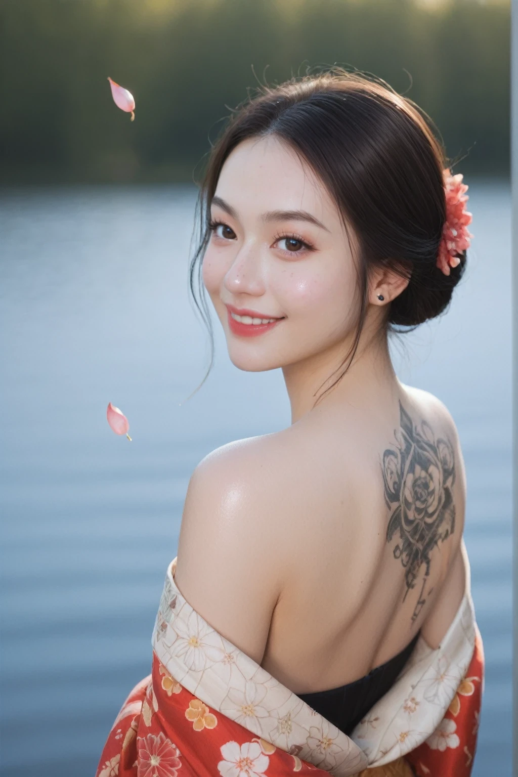 Japanese teenage girl, floral kimono, exposed shoulders, from behind, beautiful face, thick eyelashes, glossy eyes, black hair, cute smile, dark eyeshadow, shoulders tattoos, back tattoos, floral decoration in hair, falling petals, beautifully backlit, wideshot, lake background, score_9, score_8_up, score_7_up, score_6_up