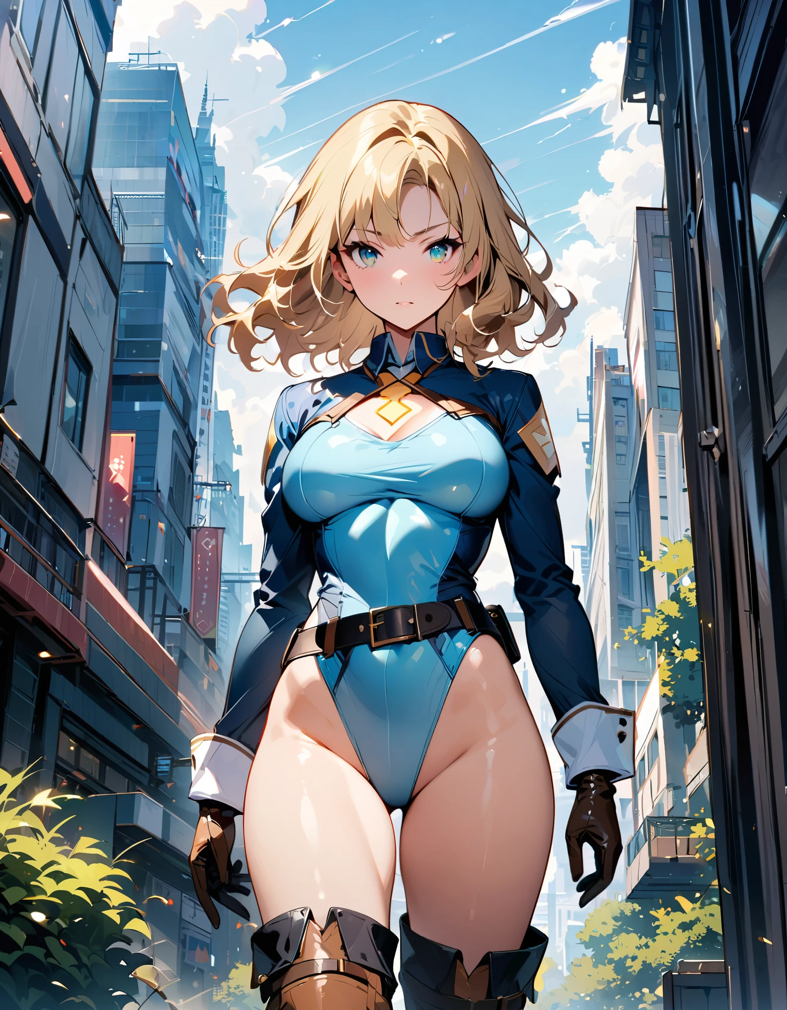 masterpiece, best quality, hires, 1girl, medium breasts, ((leotard, light blue leotard)), long sleeves, ((lighting bolt (emblem) on chest)), (bare legs), (fastened tight belt), boots, matching boots, gloves, city backdrop, solo, single, standing, full body shot, cowboy shot, superhero, beautiful detailed eyes, blonde hair, (short hair, wavy hair), high school backdrop, outdoors, mature lady, teacher, perfect body, good proportions