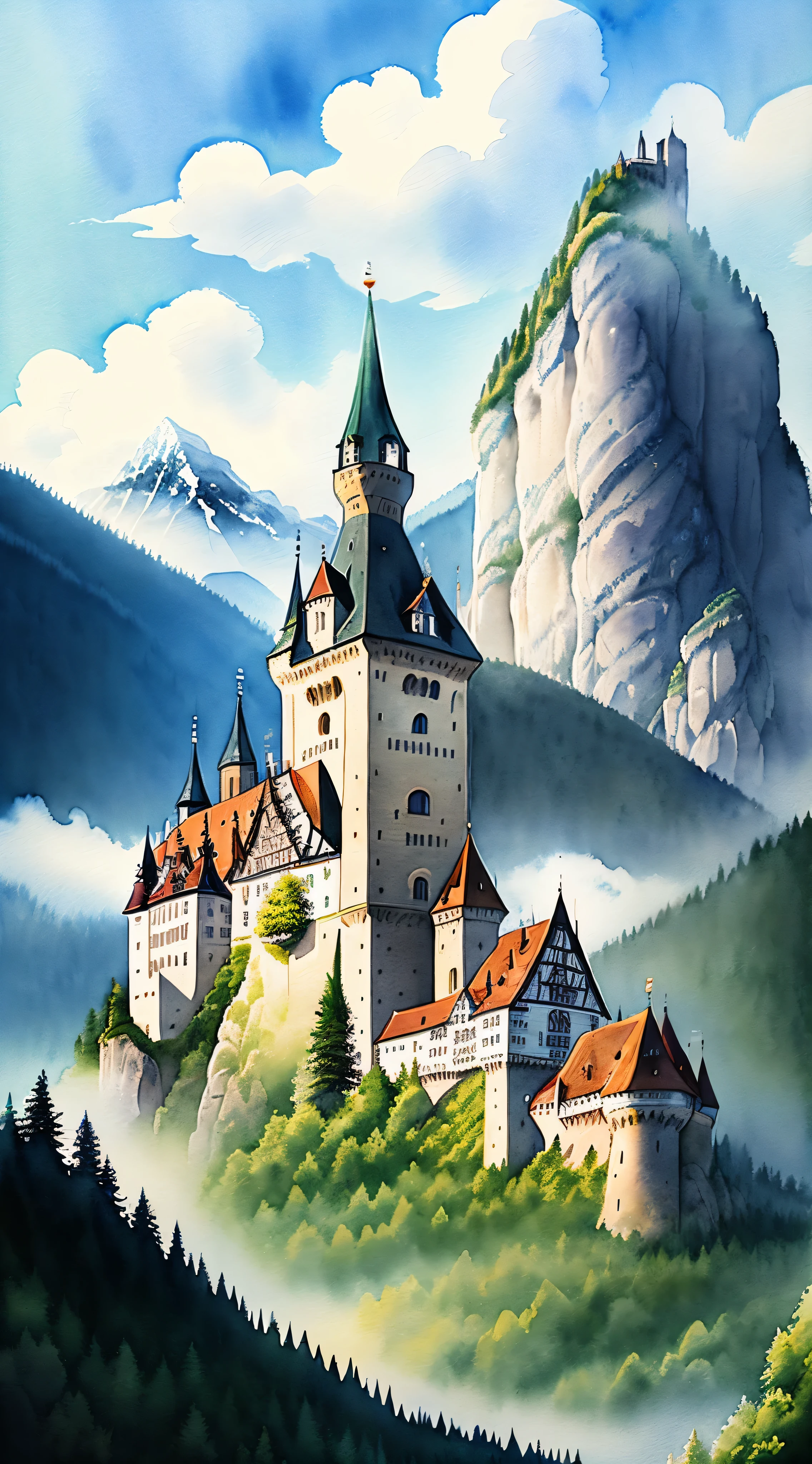 Distant forests and mountains々A light watercolor illustration of a Bavarian castle towering over a mountain