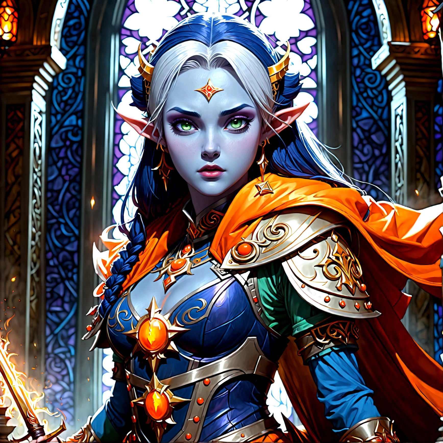 fantasy art, dnd art, RPG art, wide shot, (masterpiece: 1.4) a (portrait: 1.3) intense details, highly detailed, photorealistic, best quality, highres, portrait a female (fantasy art, Masterpiece, best quality: 1.3) ((blue skin: 1.5)), intense details facial details, exquisite beauty, (fantasy art, Masterpiece, best quality) cleric, (blue skinned: 1.3) female, white hair, long hair, (no ears: 1.5), (green eyes: 1.3), armed with a fiery sword red fire, wearing (twilight priestly combat vestments: 1.5), wearing high heeled laced boots, wearing an (orange cloak:1.3), wearing glowing holy symbol GlowingRunes_yellow, within fantasy temple background, reflection light, high details, best quality, 16k, [ultra detailed], masterpiece, best quality, (extremely detailed), close up, ultra wide shot, photorealistic, RAW, fantasy art, dnd art, fantasy art, realistic art,((best quality)), ((masterpiece)), (detailed), perfect face, Cinematic Hollywood Film style